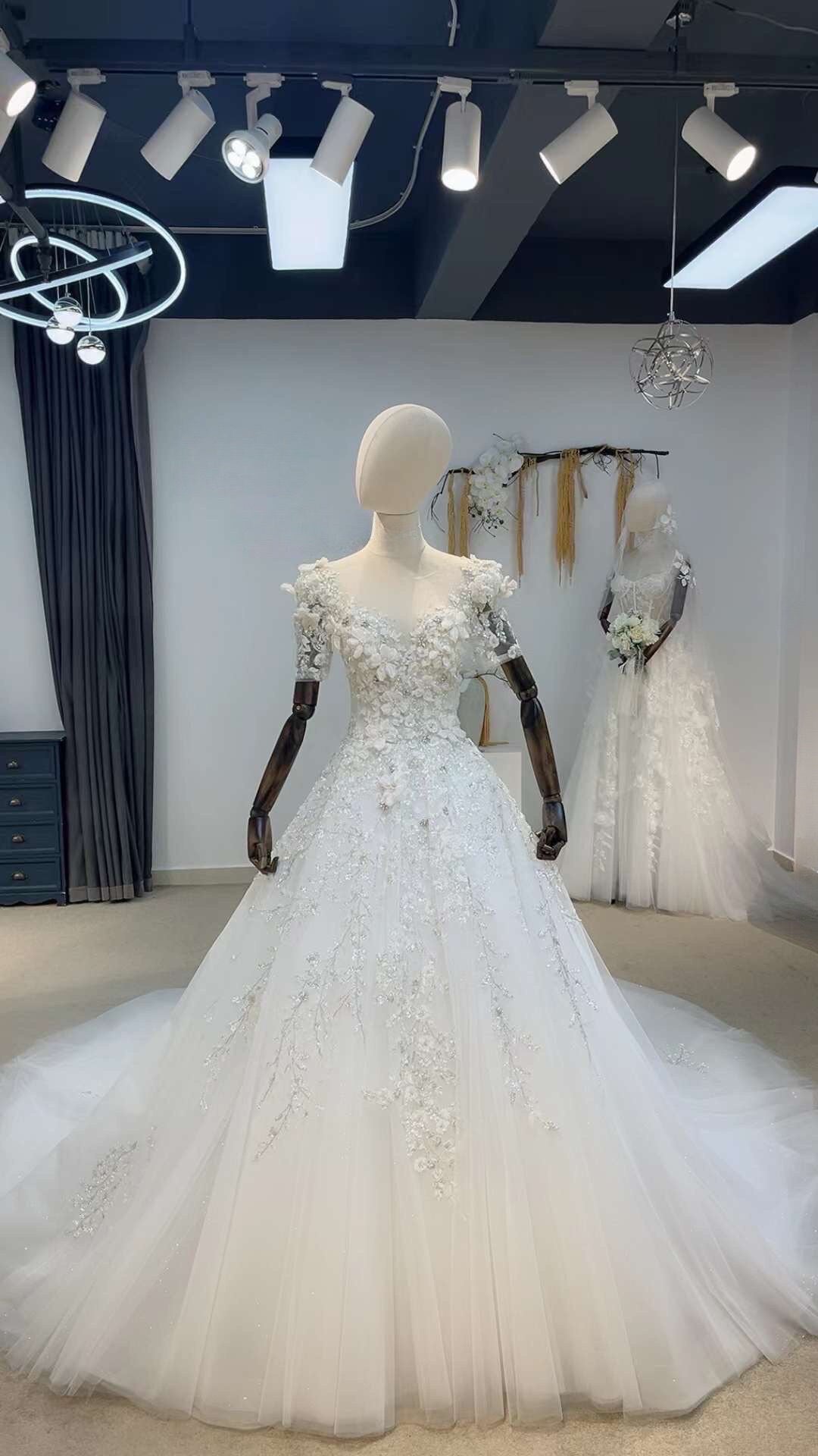 Fairytale 3D Floral Short Sleeve Wedding Princess Ball Gown, Custom Luxury Unique Bridal Dress