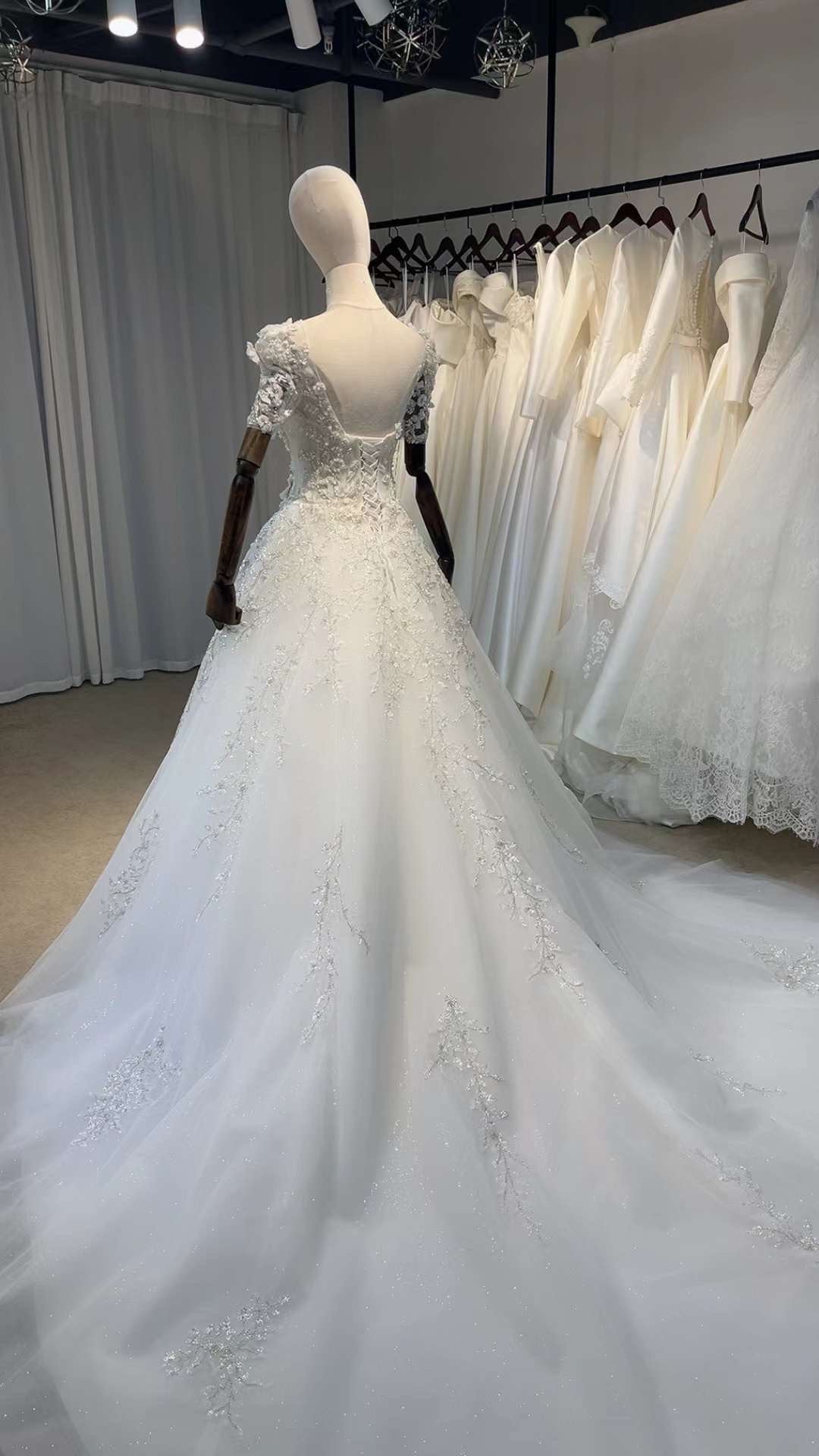 Fairytale 3D Floral Short Sleeve Wedding Princess Ball Gown, Custom Luxury Unique Bridal Dress