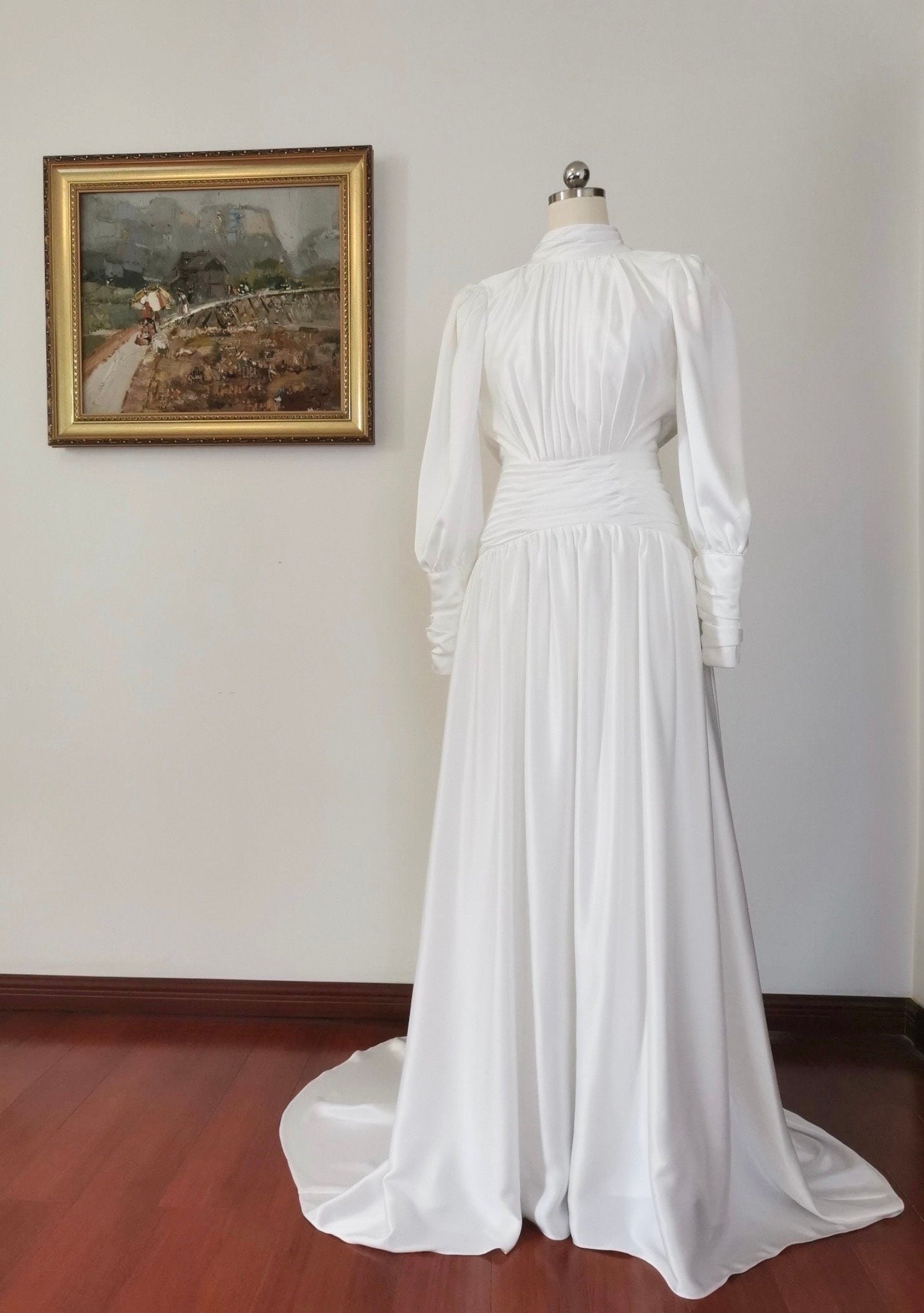 Minimalist long sleeve simple silk satin wedding prom dress, Courthouse civil reception dress, Casual rehearsal modest elopement gown