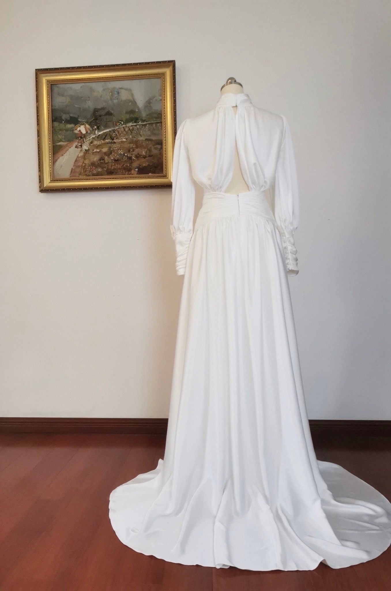 Minimalist long sleeve simple silk satin wedding prom dress, Courthouse civil reception dress, Casual rehearsal modest elopement gown