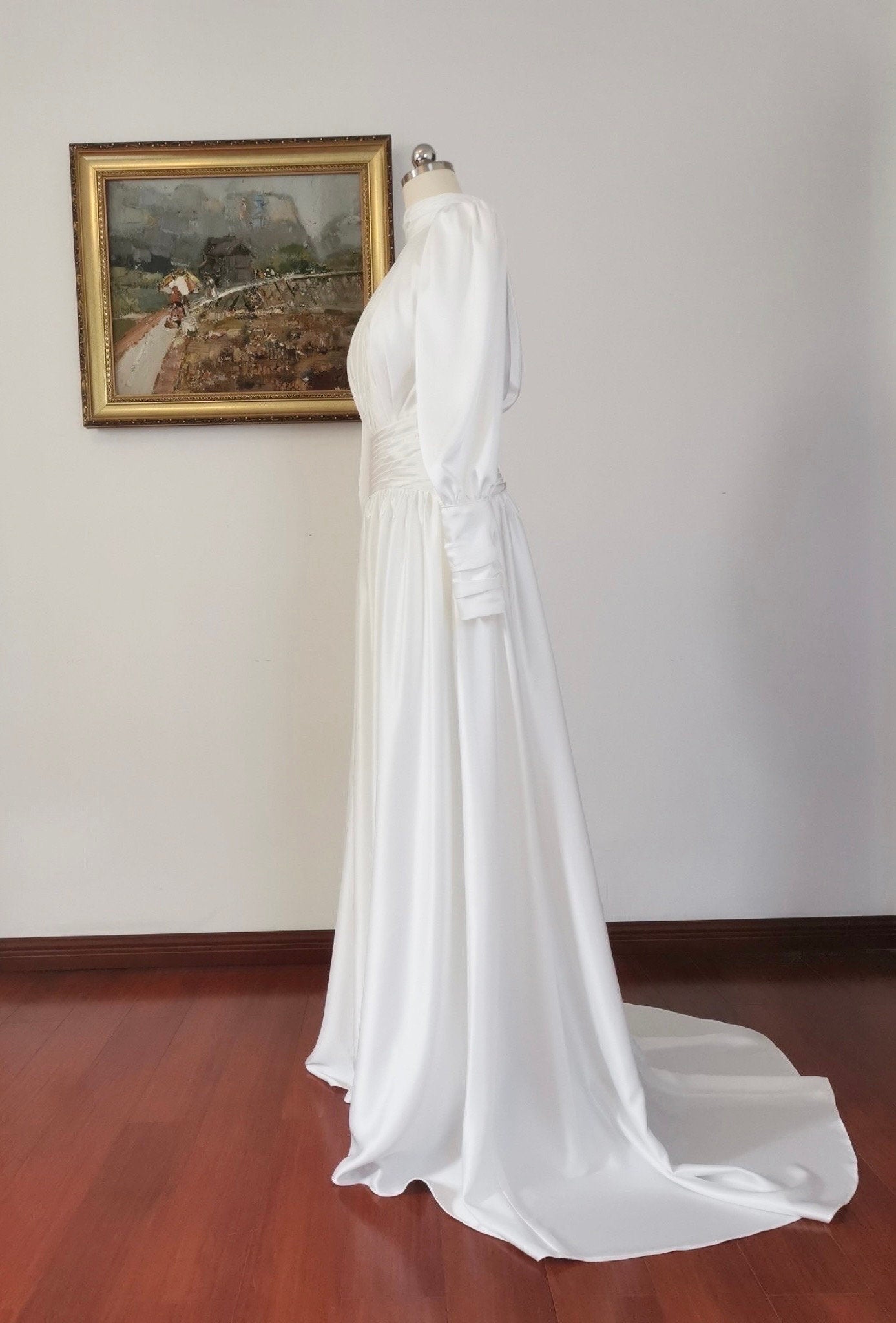 Minimalist long sleeve simple silk satin wedding prom dress, Courthouse civil reception dress, Casual rehearsal modest elopement gown