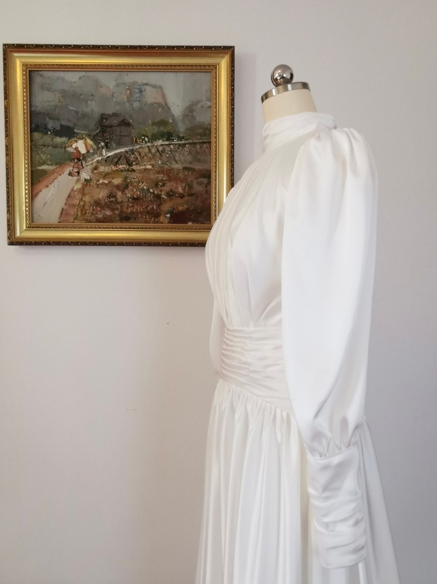 Minimalist long sleeve simple silk satin wedding prom dress, Courthouse civil reception dress, Casual rehearsal modest elopement gown