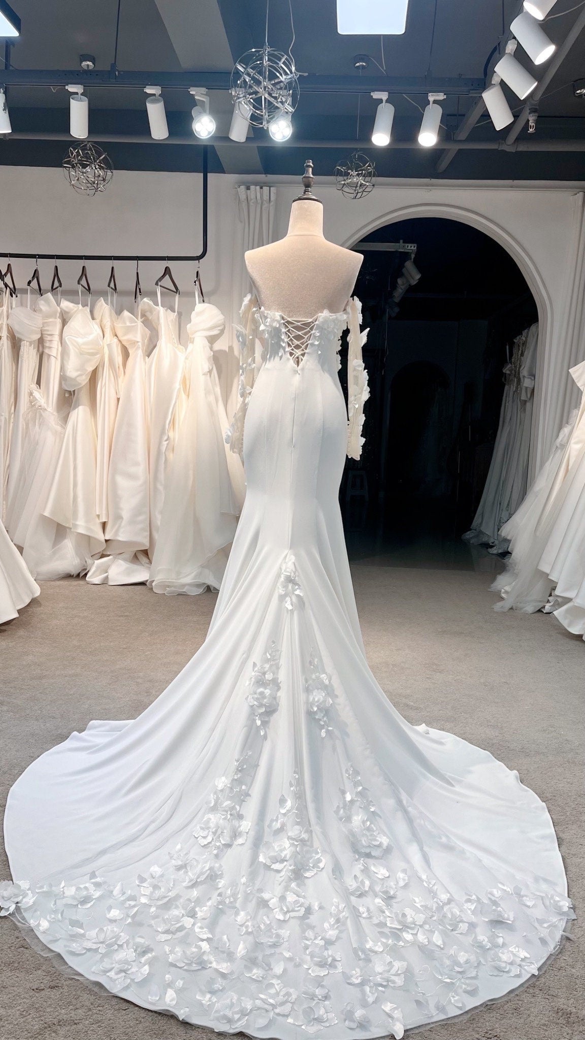 Detached Long Sleeve Off shoulder Satin Mermaid Wedding Bridal Dress, Unique Custom Reception Elopement Gown for Courthouse Civil Wedding