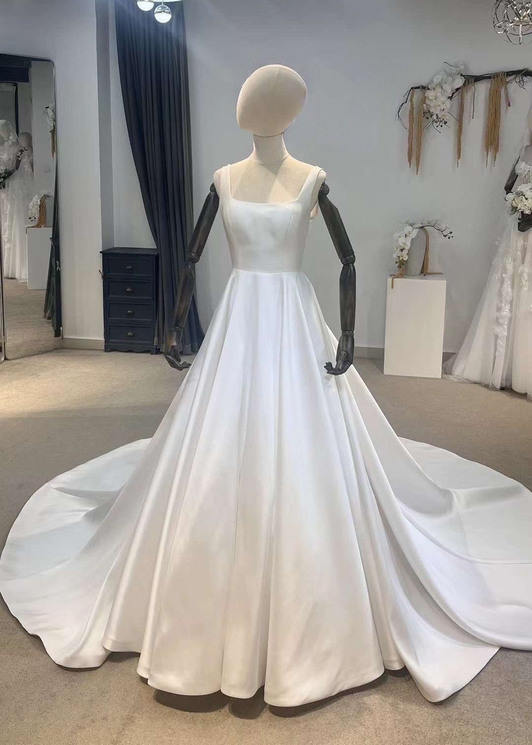 Minimalist simple satin corset wedding bridal dress with open back, unique custom modest classic ball gown, Courthouse civil wedding