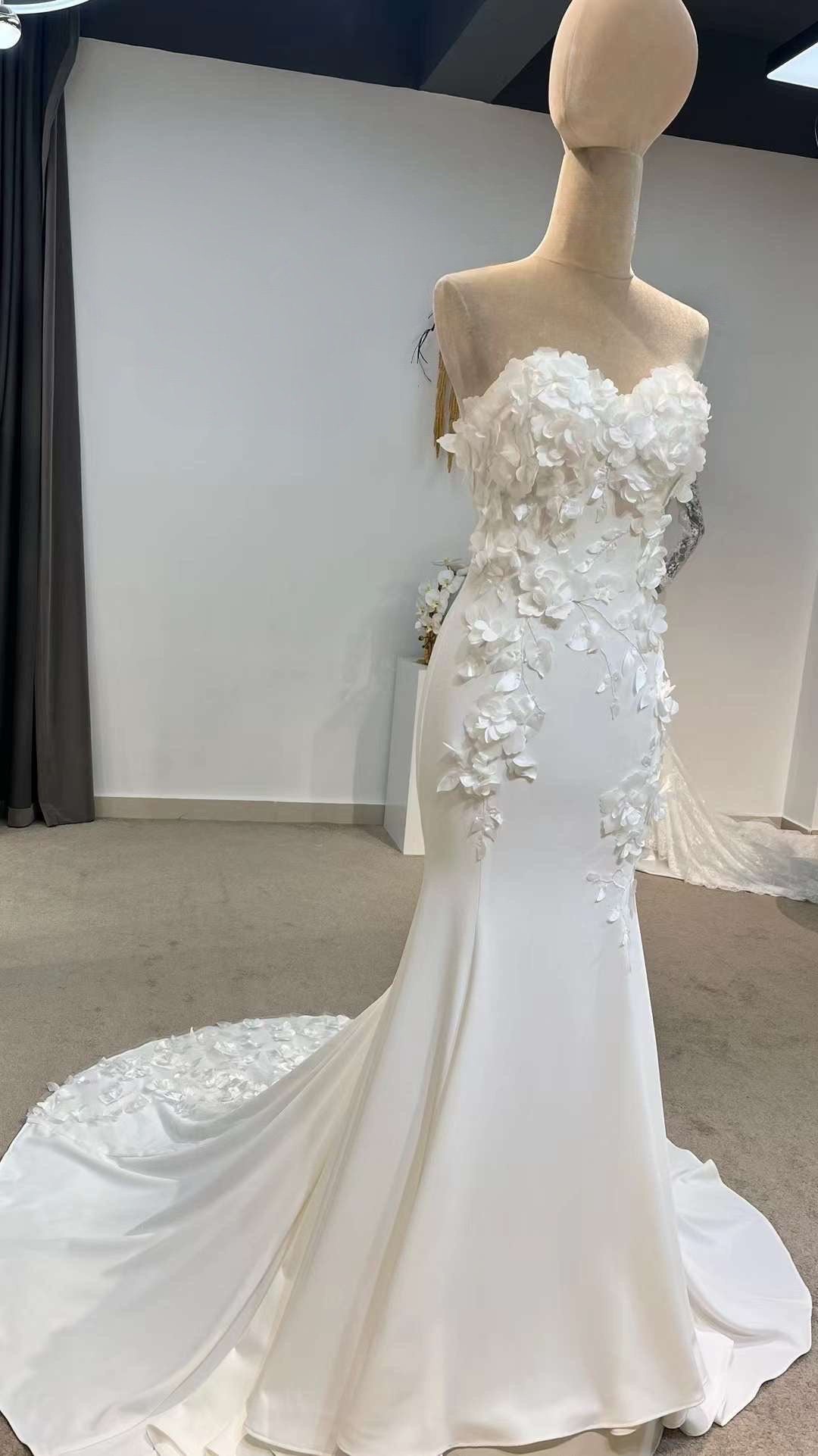 Detached Long Sleeve Off shoulder Satin Mermaid Wedding Bridal Dress, Unique Custom Reception Elopement Gown for Courthouse Civil Wedding
