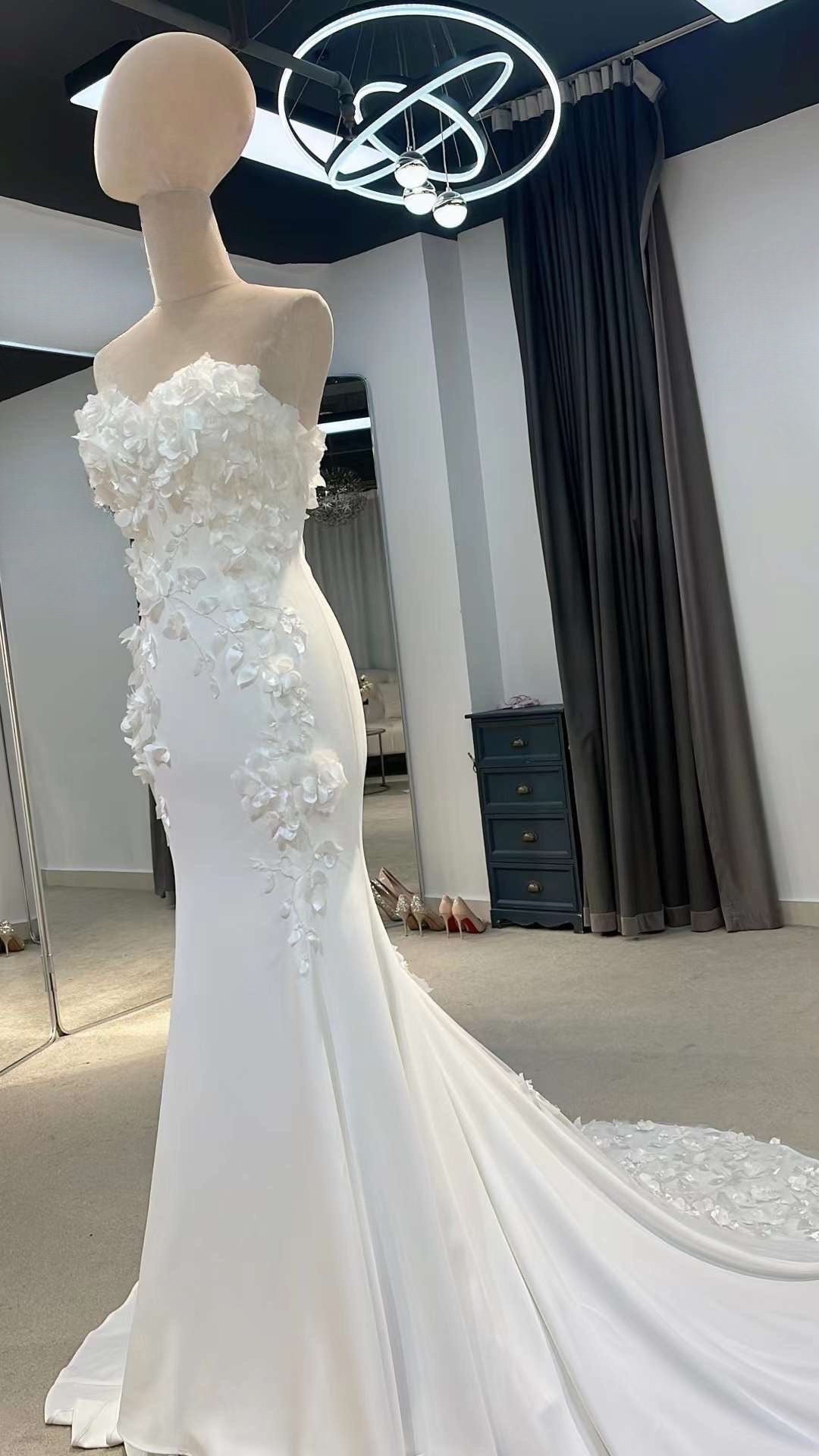 Detached Long Sleeve Off shoulder Satin Mermaid Wedding Bridal Dress, Unique Custom Reception Elopement Gown for Courthouse Civil Wedding
