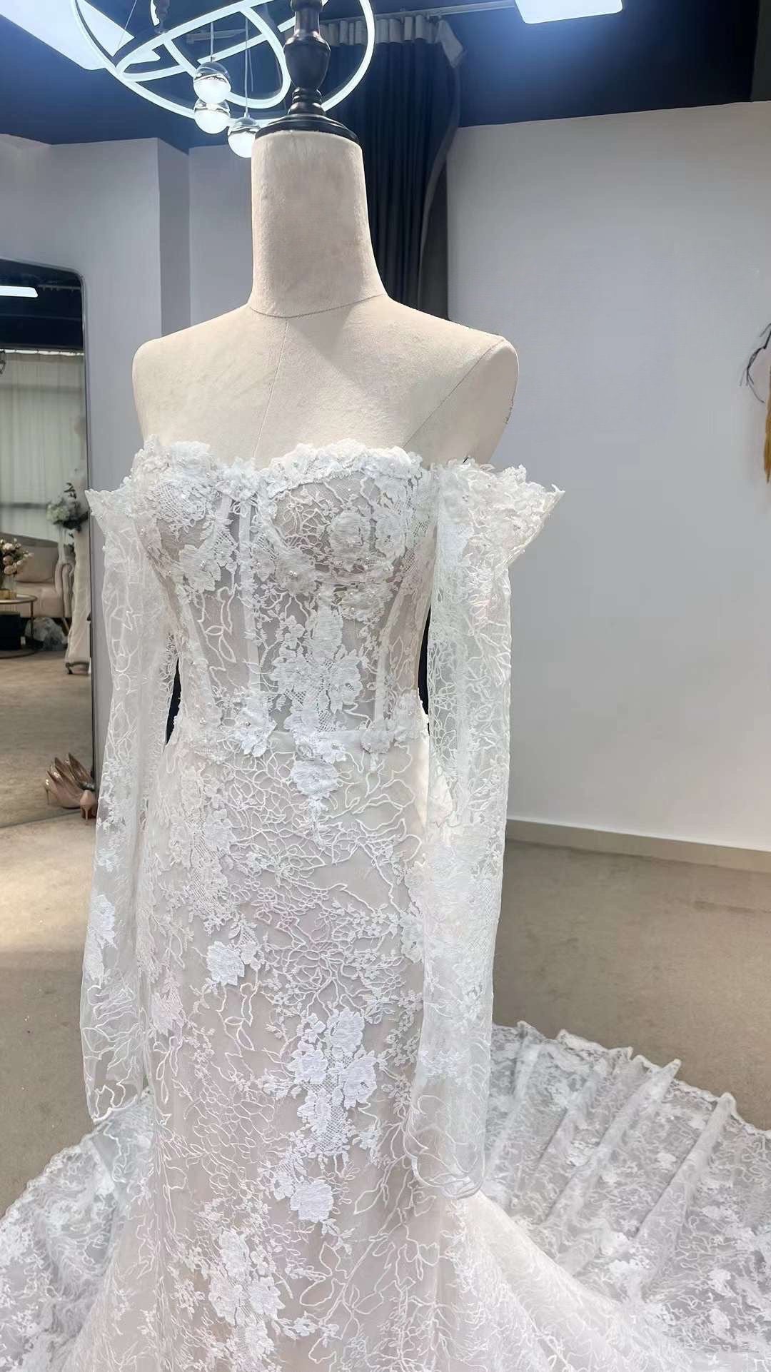 Fairy Off the Shoulder Long Sleeve Lace Corset Mermaid Wedding Dress, Unique Custom Reception Elopement Dress for Courthouse Civil Wedding