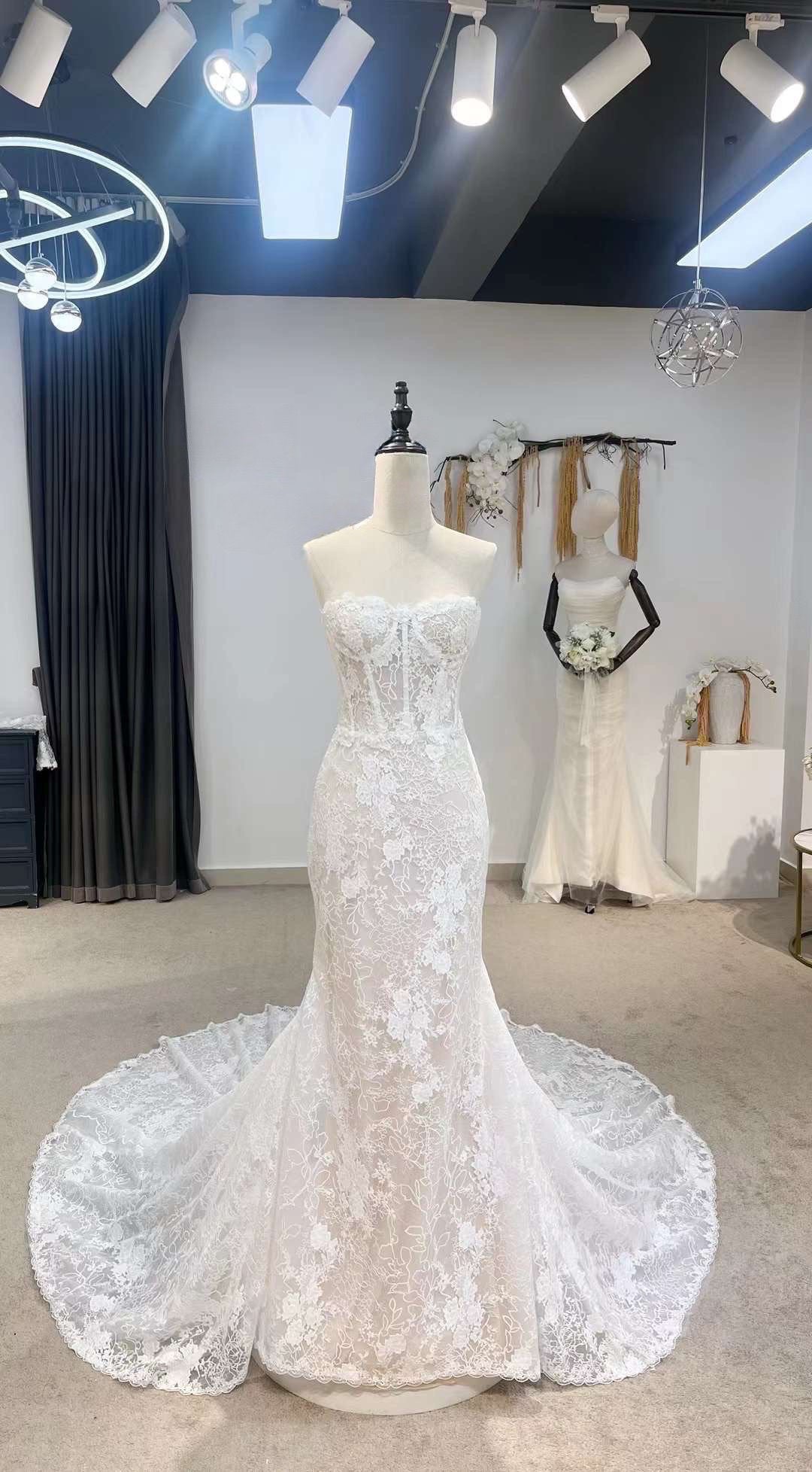 Fairy Off the Shoulder Long Sleeve Lace Corset Mermaid Wedding Dress, Unique Custom Reception Elopement Dress for Courthouse Civil Wedding