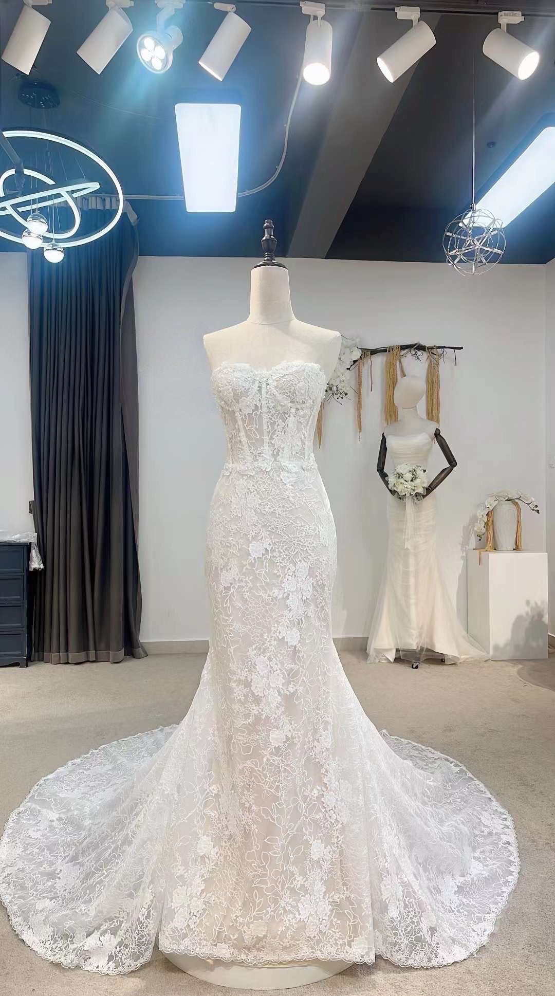 Fairy Off the Shoulder Long Sleeve Lace Corset Mermaid Wedding Dress, Unique Custom Reception Elopement Dress for Courthouse Civil Wedding