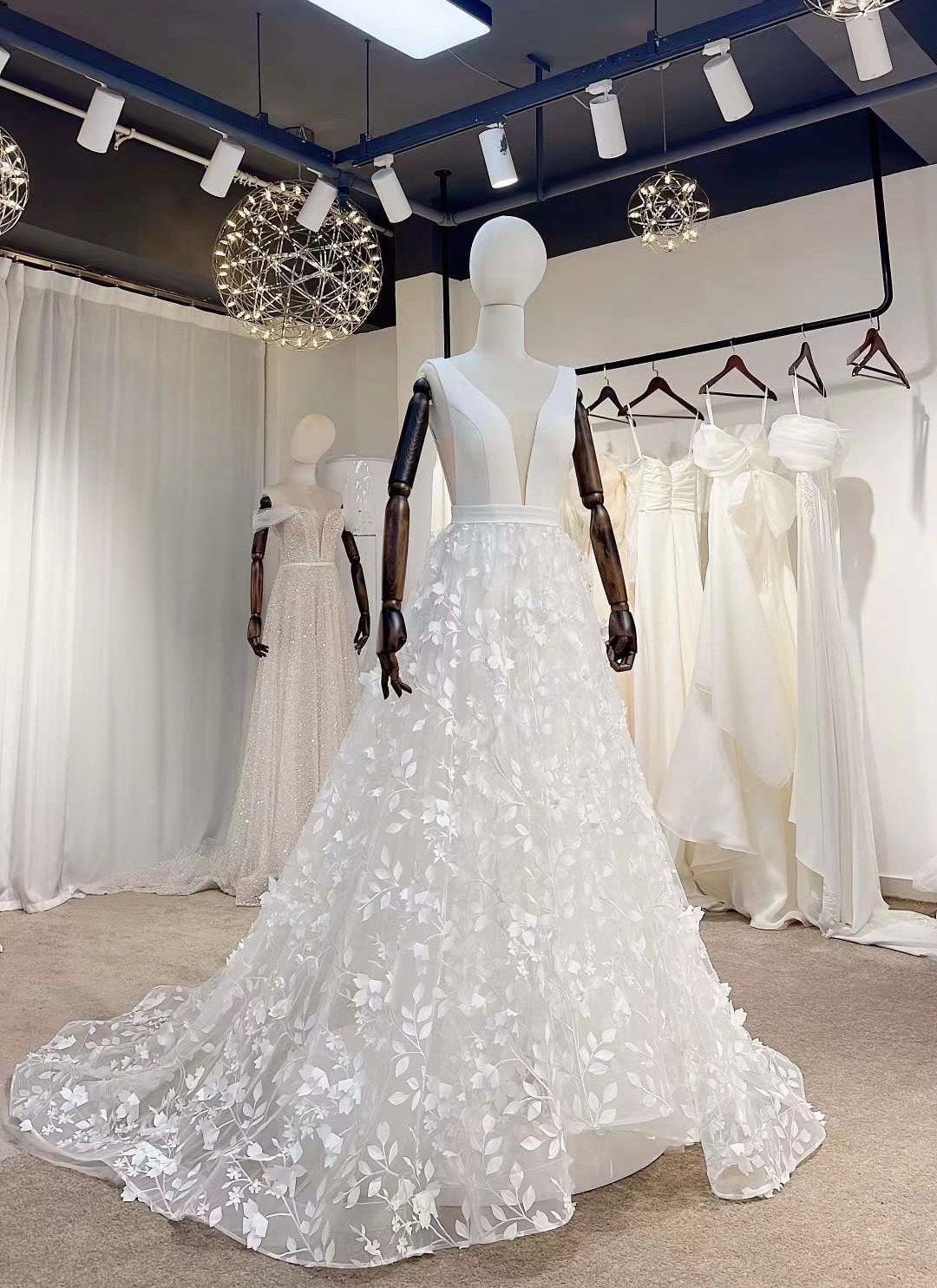 Fairy v-neck floral a-line wedding dress, custom unique boho romantic gown, courthouse civil wedding reception elopement dress for bride