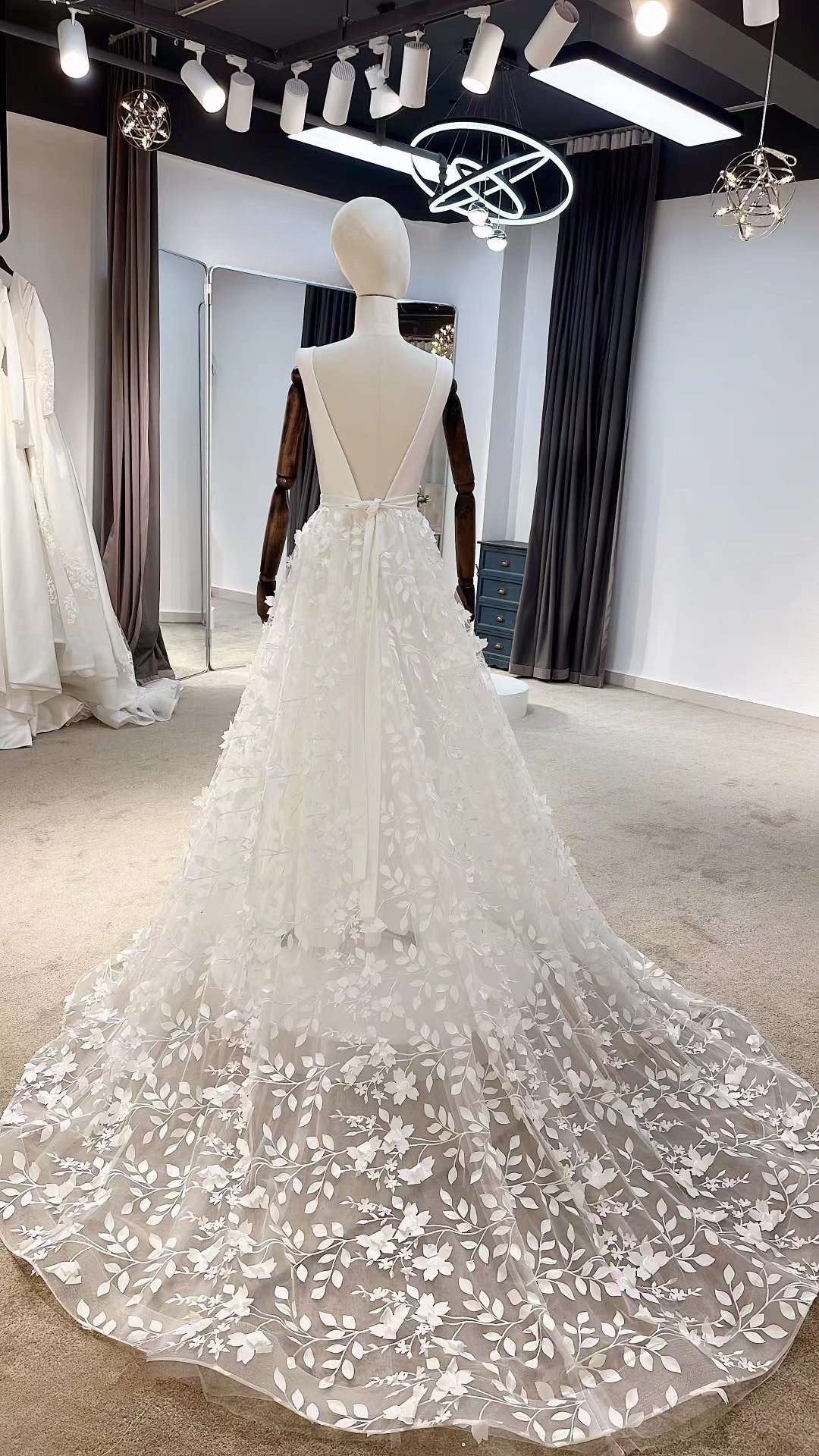 Fairy v-neck floral a-line wedding dress, custom unique boho romantic gown, courthouse civil wedding reception elopement dress for bride
