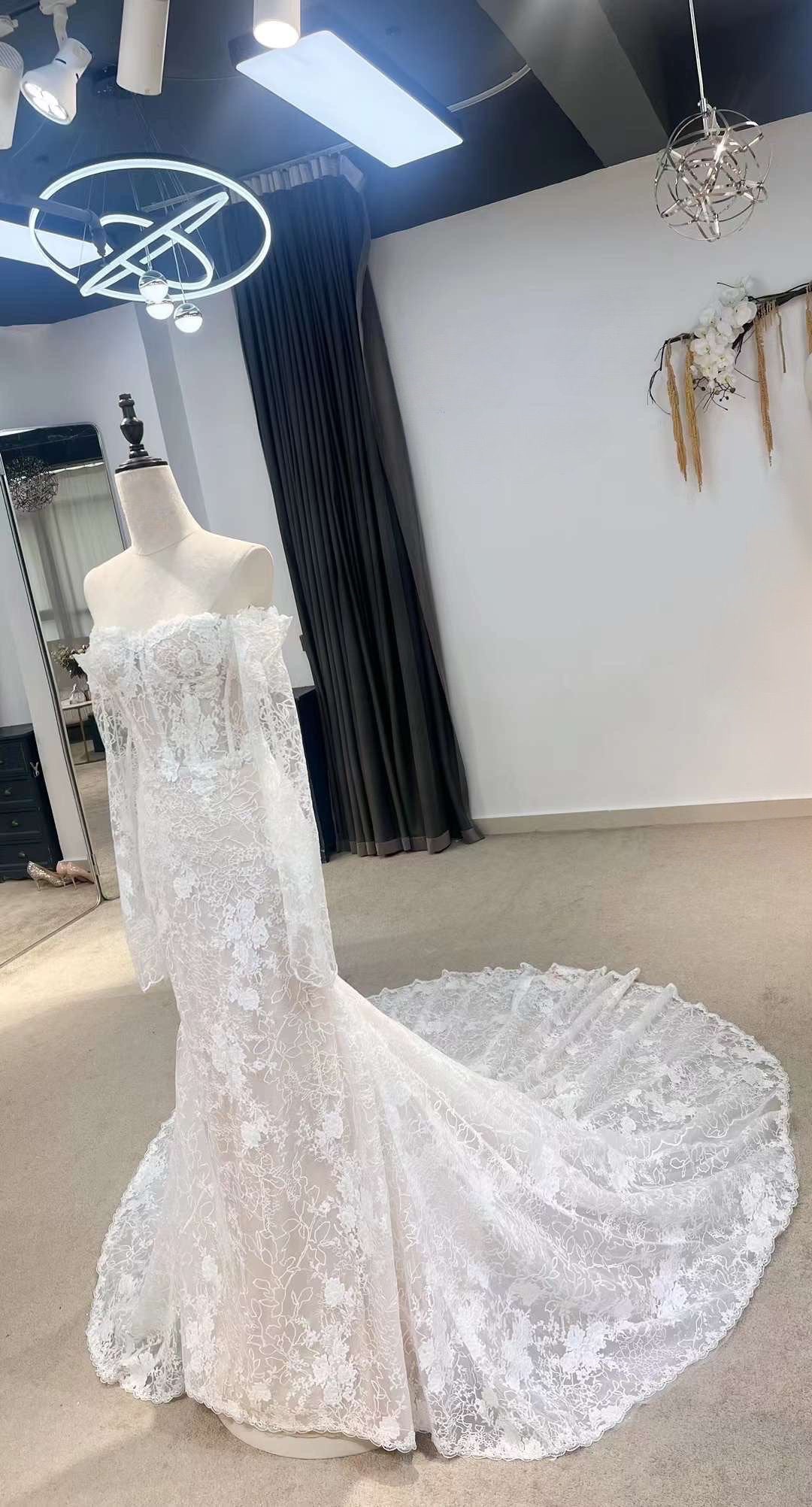 Fairy Off the Shoulder Long Sleeve Lace Corset Mermaid Wedding Dress, Unique Custom Reception Elopement Dress for Courthouse Civil Wedding