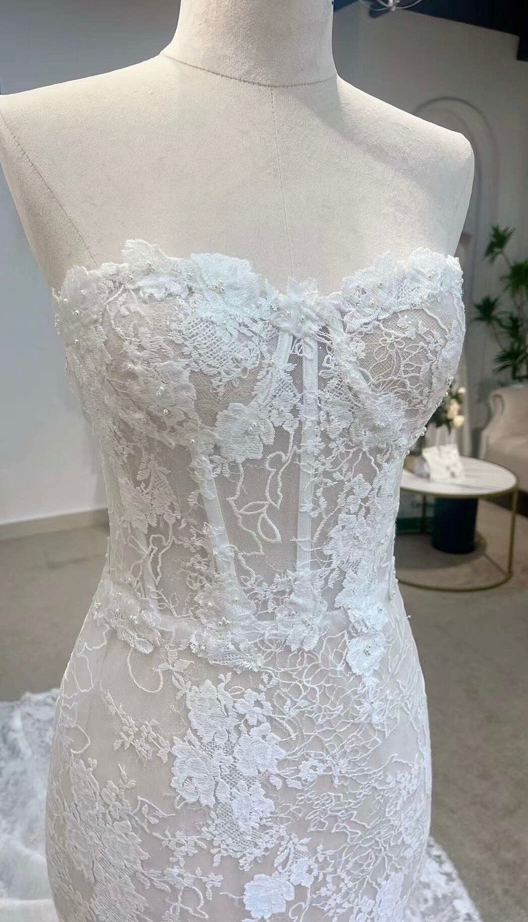 Fairy Off the Shoulder Long Sleeve Lace Corset Mermaid Wedding Dress, Unique Custom Reception Elopement Dress for Courthouse Civil Wedding