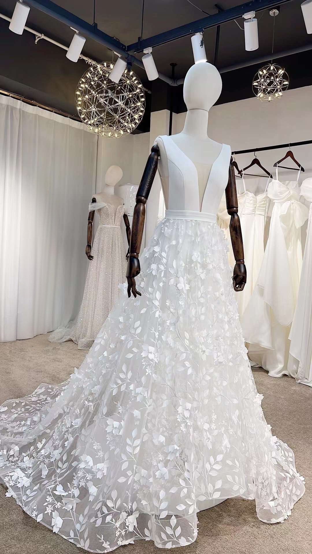 Fairy v-neck floral a-line wedding dress, custom unique boho romantic gown, courthouse civil wedding reception elopement dress for bride