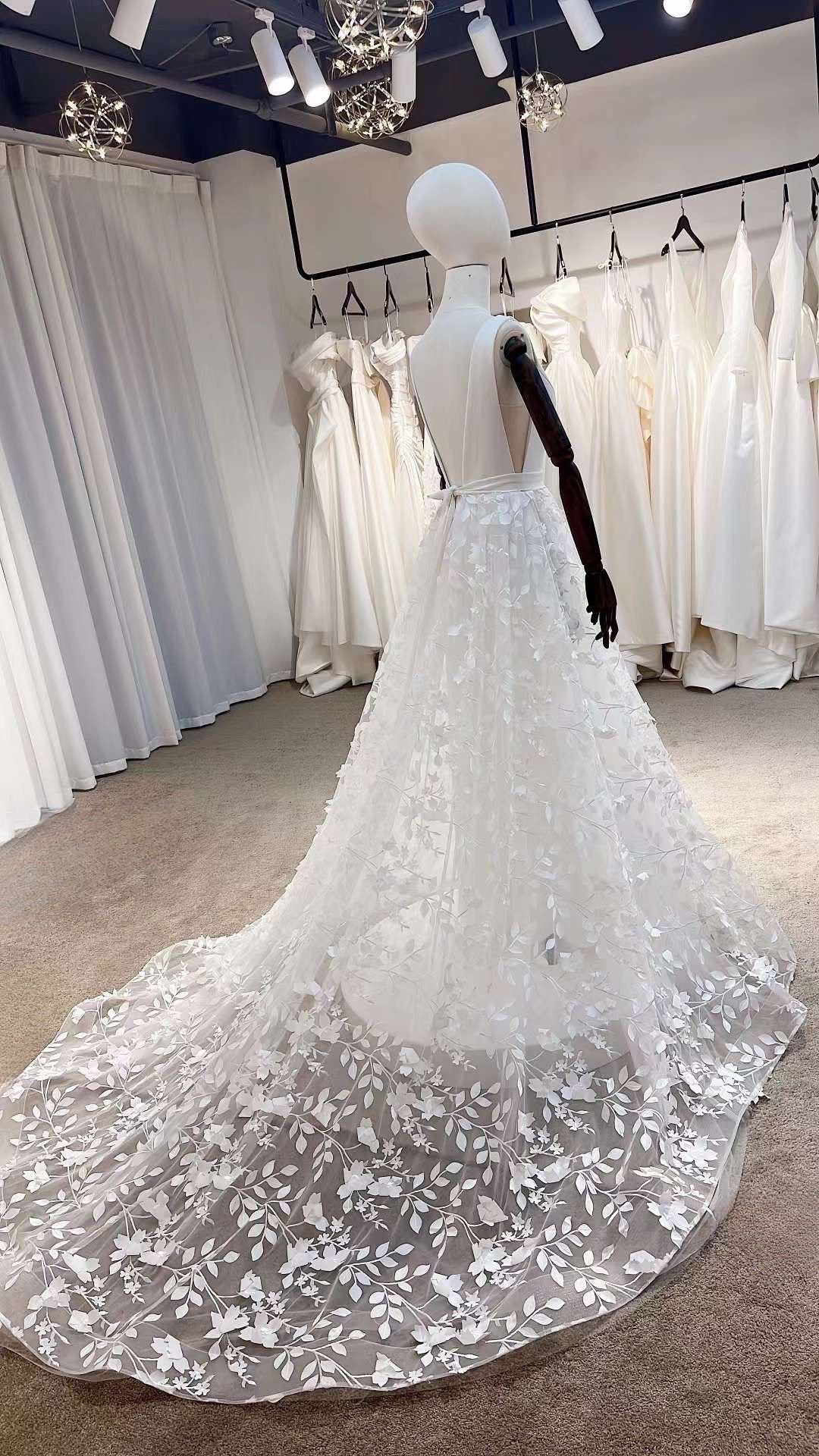 Fairy v-neck floral a-line wedding dress, custom unique boho romantic gown, courthouse civil wedding reception elopement dress for bride