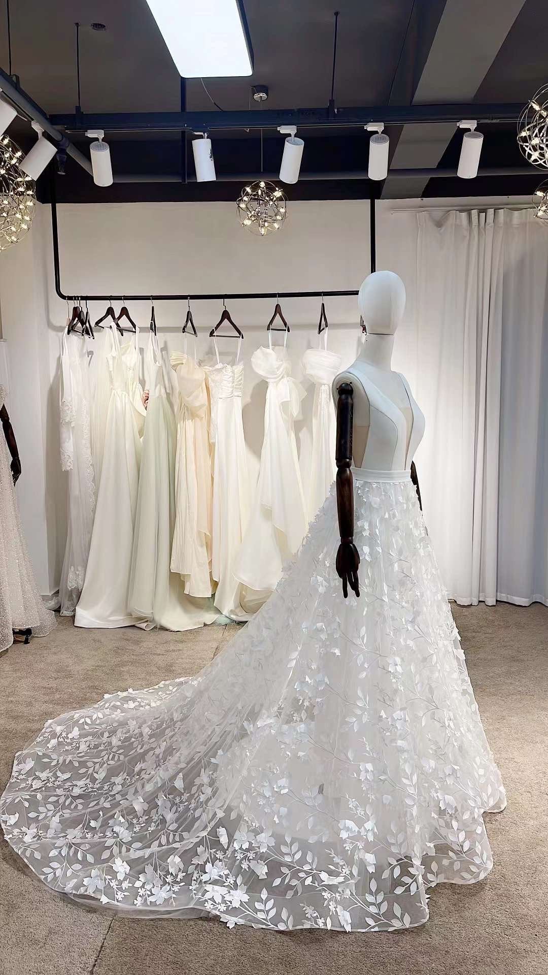Fairy v-neck floral a-line wedding dress, custom unique boho romantic gown, courthouse civil wedding reception elopement dress for bride