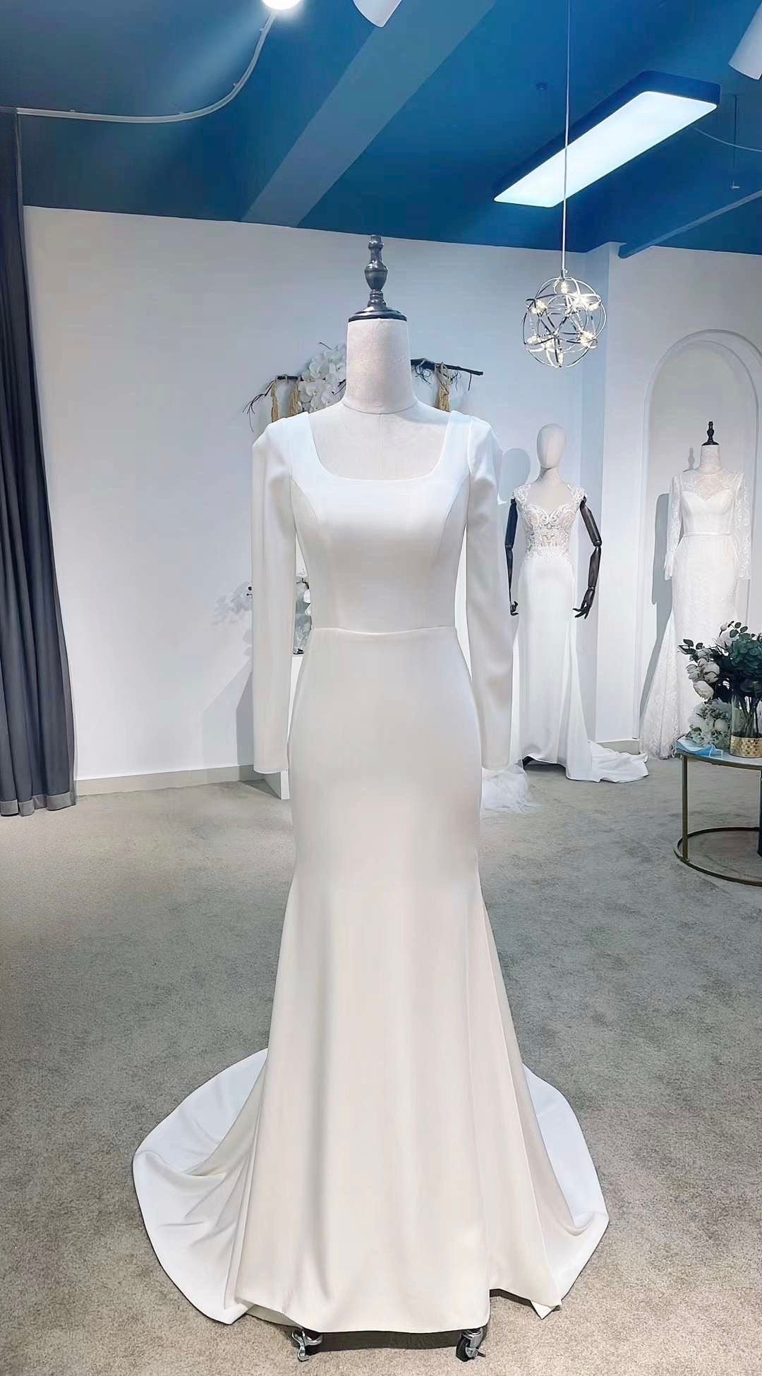 Minimalist Long Sleeve Satin Mermaid Wedding Bridal Dress, Custom Eleg Shindig Threads Minimalist Long Sleeve Satin Mermaid Wedding Bridal Dress, Custom Eleg Shindig Threads