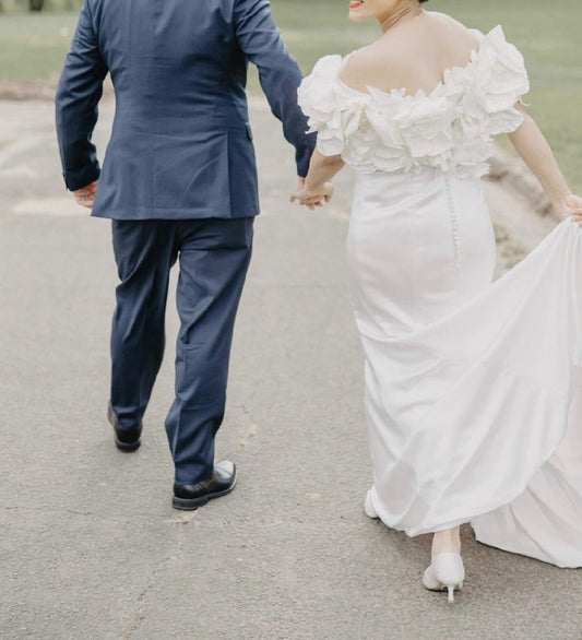 Off the Shoulder Satin Mermaid Wedding Bridal Dress with 3D Flowers, Custom Cream Simple Modest Minimalist Cocktail/Reception Dress