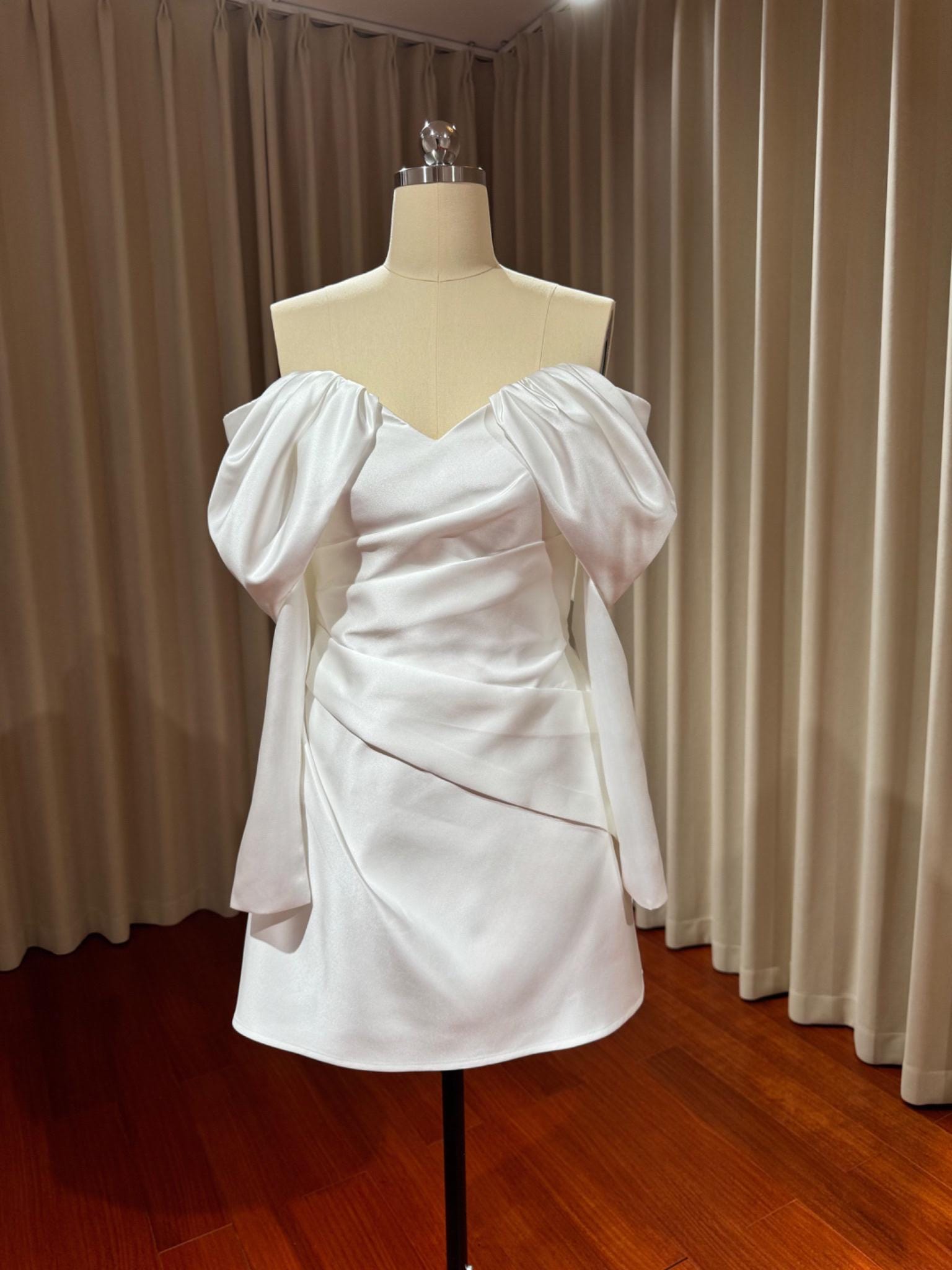 Eleanor | Minimalist off shoulder long sleeve satin short wedding rece Shindig Threads Eleanor | Minimalist off shoulder long sleeve satin short wedding rece Shindig Threads