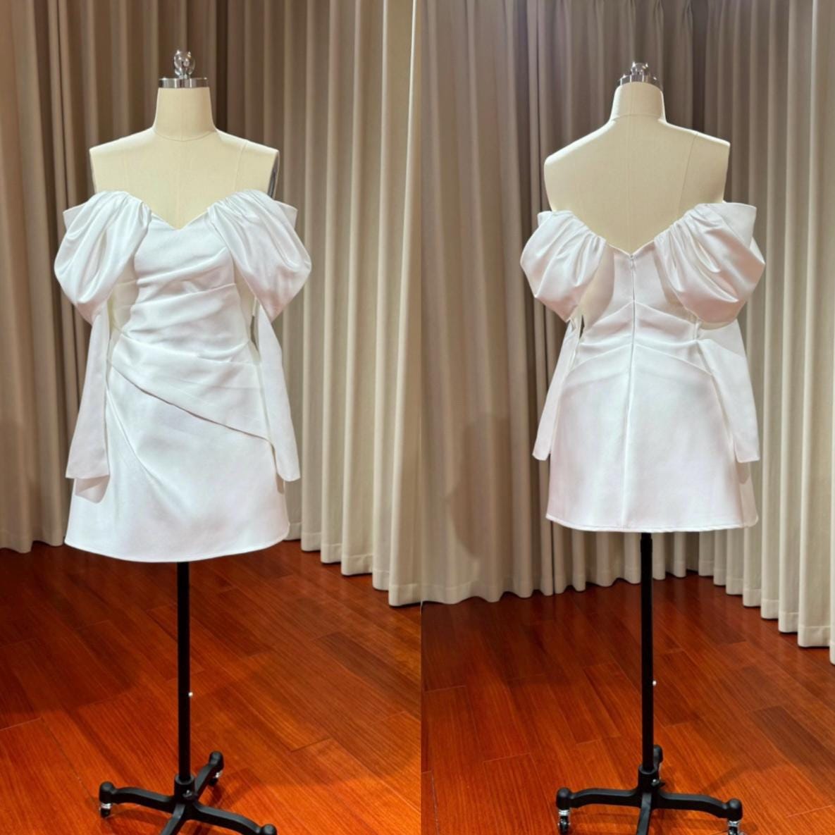 Minimalist long sleeve satin short wedding dress, Rehearsal dinner mini dress, Custom Elopement Dress, Bridal shower Engagement dress
