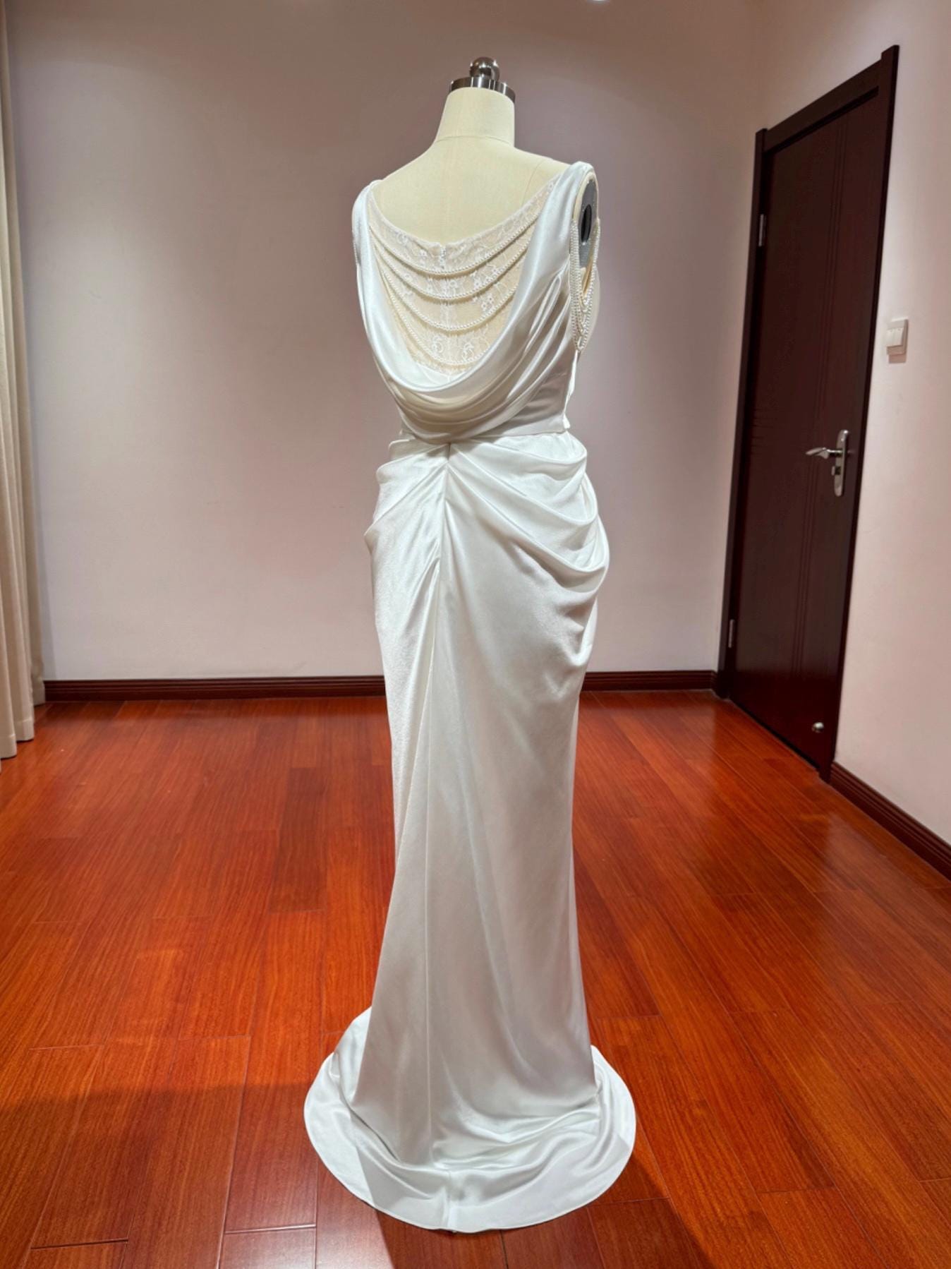 Minimalist Satin Corset Wedding Prom Dress w Pearl, Custom Simple Modest Reception Elopement Dress for Bride, Unique Courthouse Wedding Gown