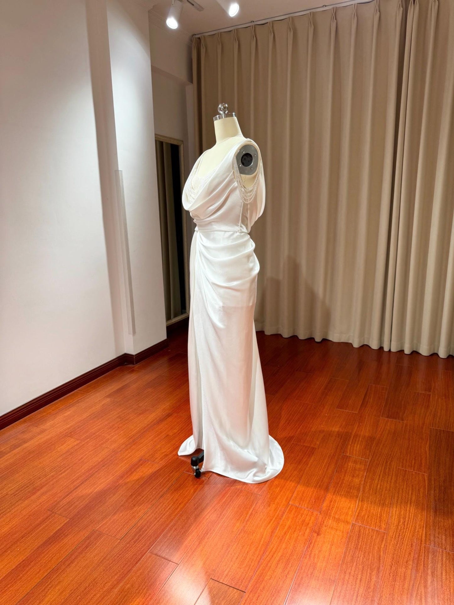 Minimalist Satin Corset Wedding Prom Dress w Pearl, Custom Simple Modest Reception Elopement Dress for Bride, Unique Courthouse Wedding Gown