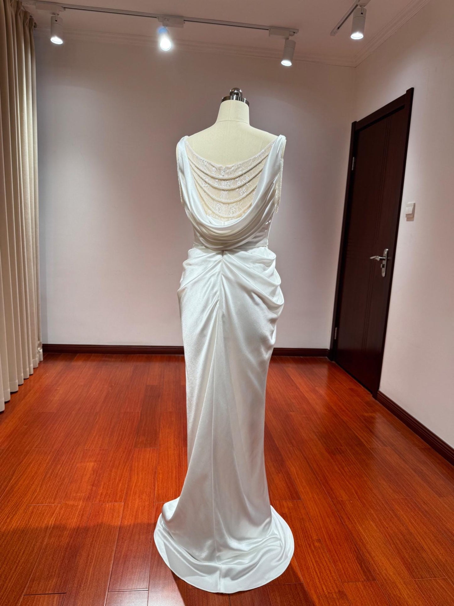 Minimalist Satin Corset Wedding Prom Dress w Pearl, Custom Simple Modest Reception Elopement Dress for Bride, Unique Courthouse Wedding Gown
