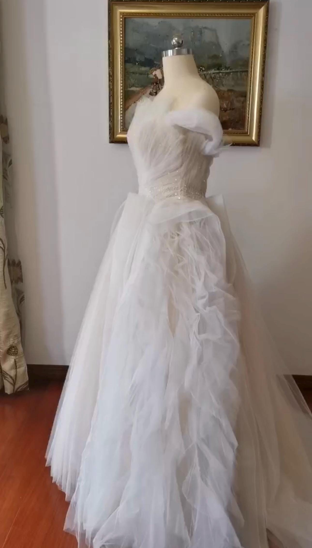 Fairy A-line Tulle Bridal Wedding Dress with detachable short sleeves, Custom Prom Party Ball Gown, Romantic Boho Lolita Princess Sweetheart