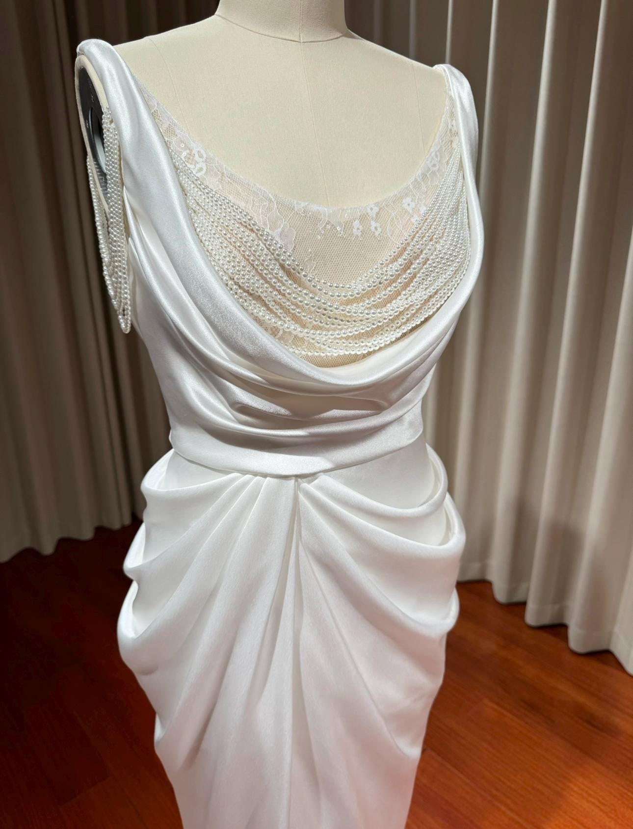 Minimalist Satin Corset Wedding Prom Dress w Pearl, Custom Simple Modest Reception Elopement Dress for Bride, Unique Courthouse Wedding Gown
