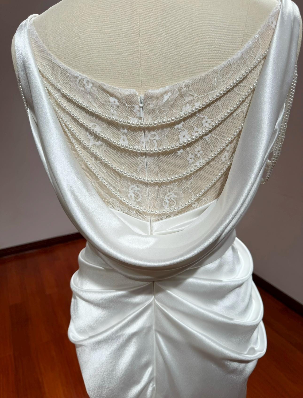Minimalist Satin Corset Wedding Prom Dress w Pearl, Custom Simple Modest Reception Elopement Dress for Bride, Unique Courthouse Wedding Gown
