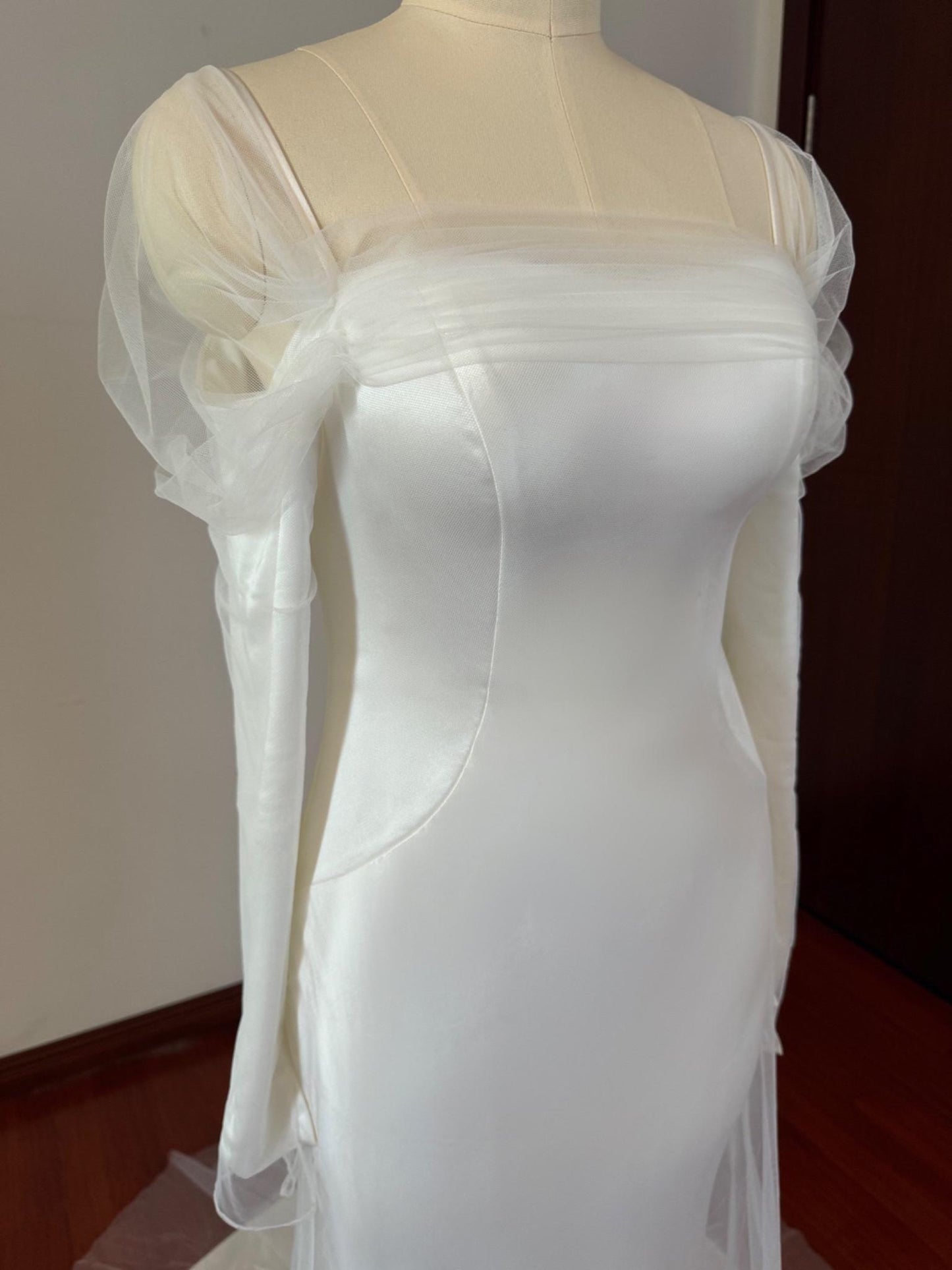 Minimalist Long Sleeve Satin Mermaid Wedding Prom Dress, Custom Simple Courthouse Civil Reception Dress, Casual Elopement Rehearsal Dress