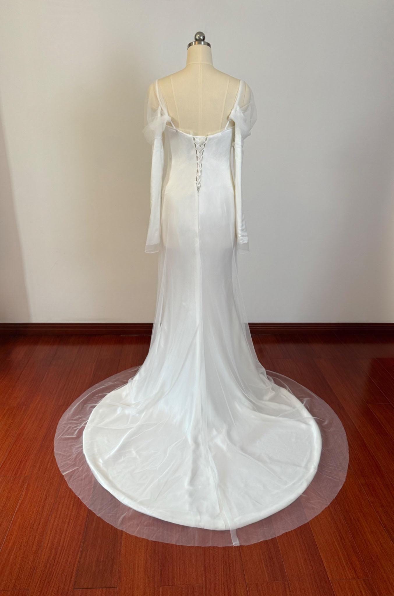 Minimalist Long Sleeve Satin Mermaid Wedding Prom Dress, Custom Simple Courthouse Civil Reception Dress, Casual Elopement Rehearsal Dress