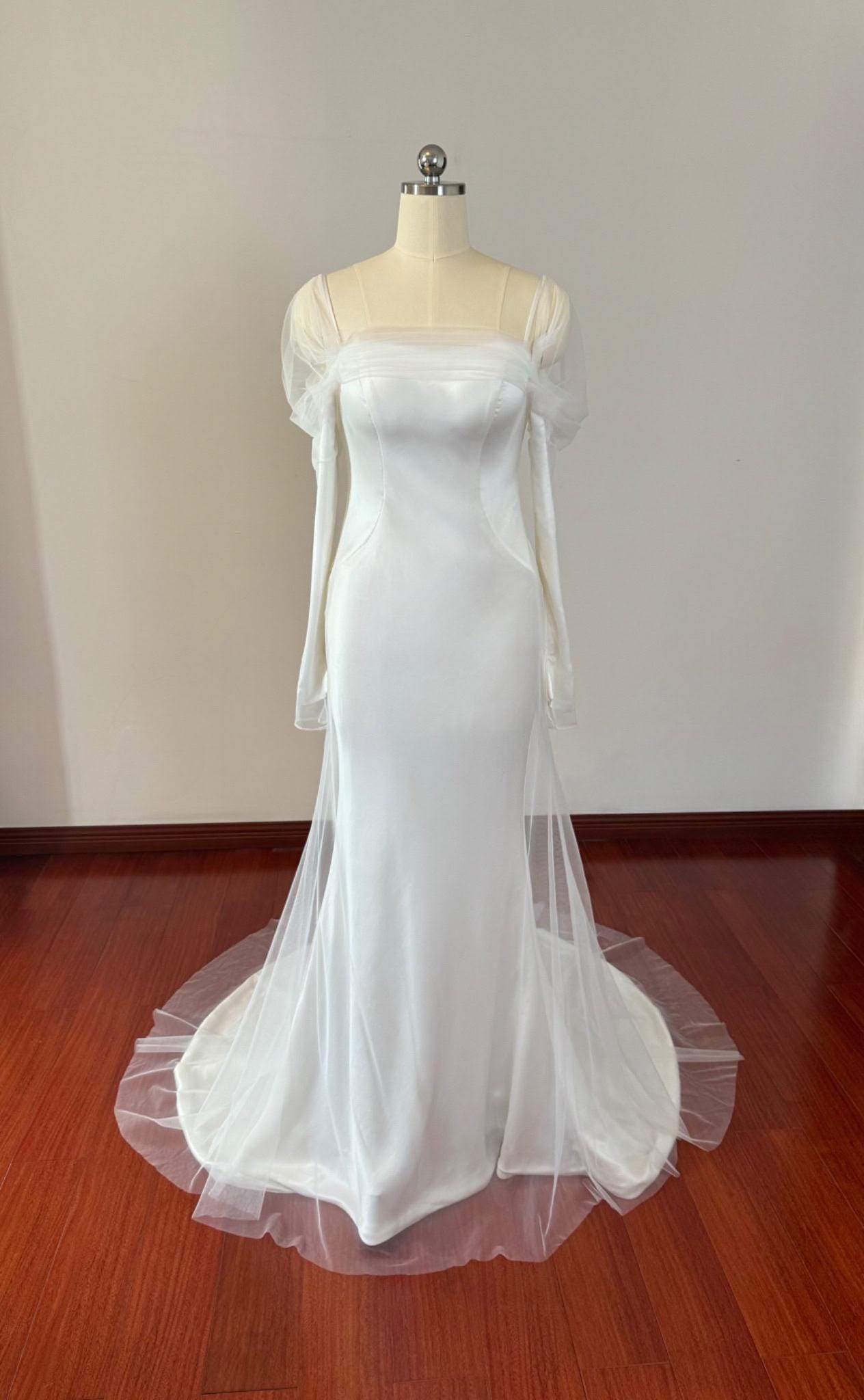 Minimalist Long Sleeve Satin Mermaid Wedding Prom Dress, Custom Simple Courthouse Civil Reception Dress, Casual Elopement Rehearsal Dress