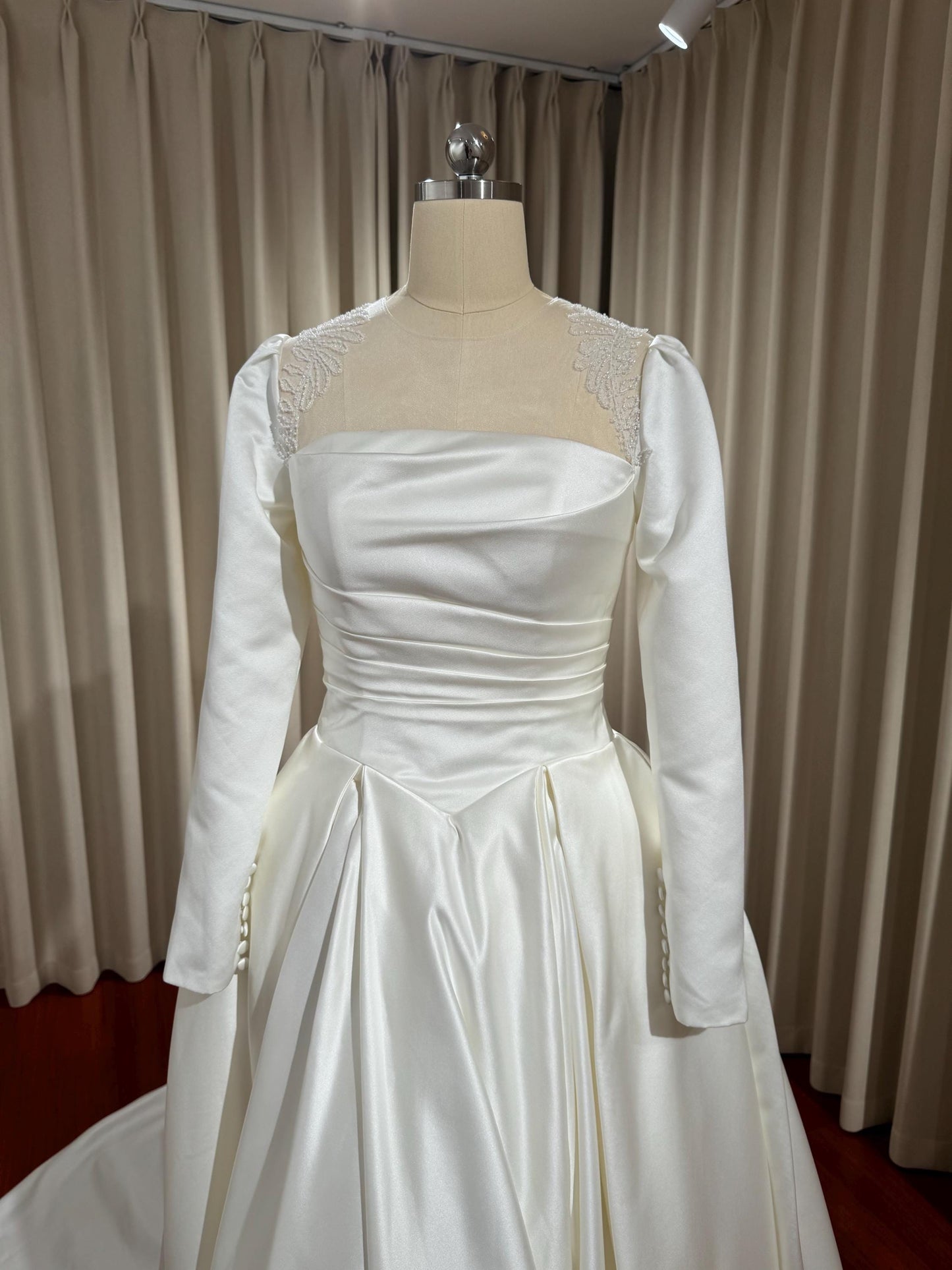 Minimalist Long Sleeve Satin Corset Wedding Prom Dress, Custom Simple Modest Reception Elopement Dress, Unique Courthouse Civil Gown