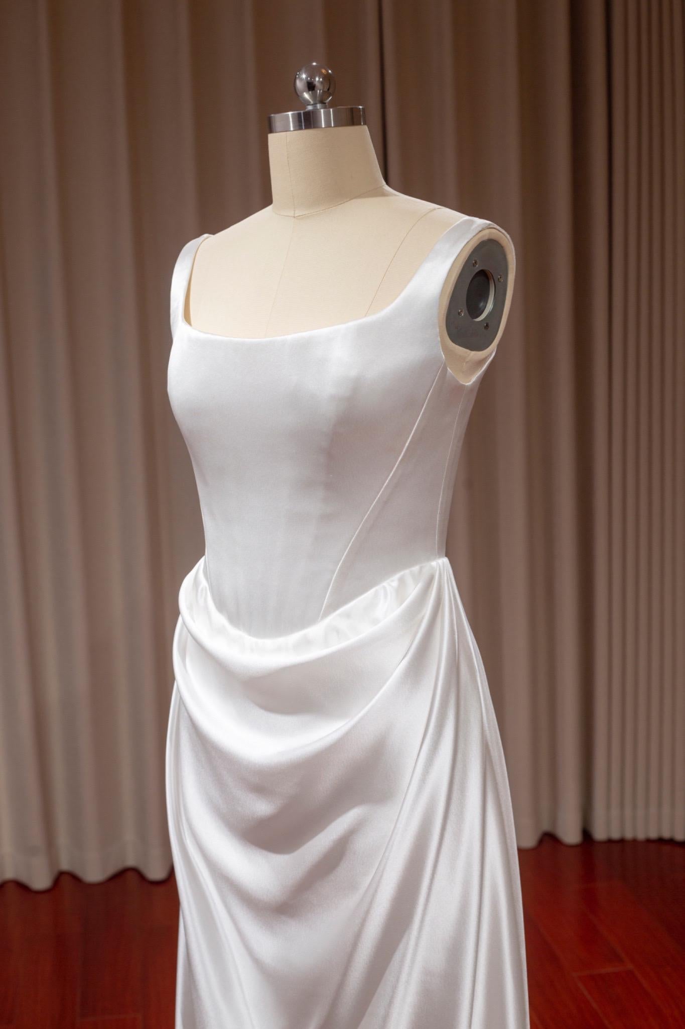 Minimalist Satin Corset Wedding Bridal Dress, Custom Simple Modest Reception Elopement Dress for Bride, Unique Courthouse Wedding Gown