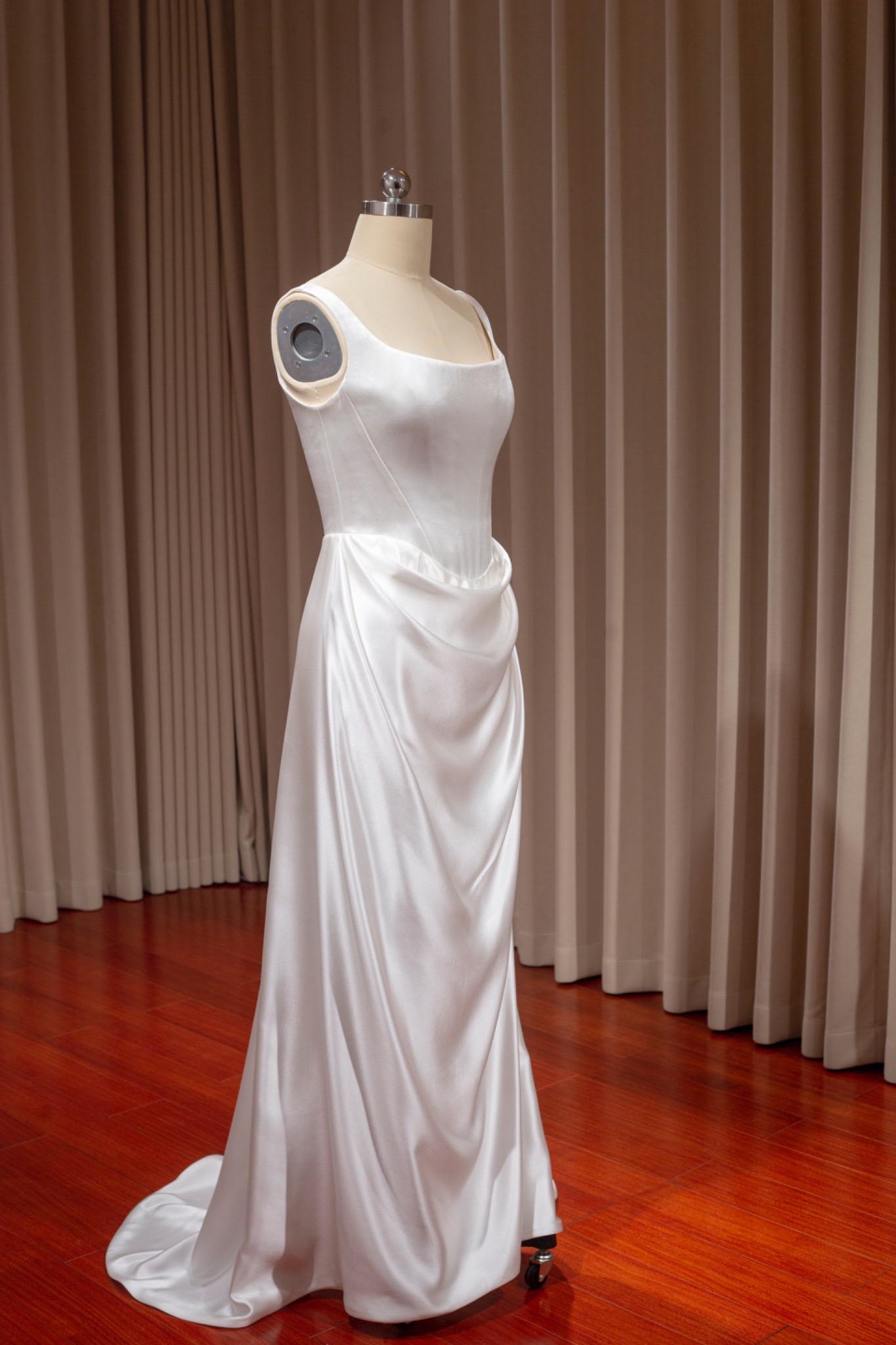 Minimalist Satin Corset Wedding Bridal Dress, Custom Simple Modest Reception Elopement Dress for Bride, Unique Courthouse Wedding Gown