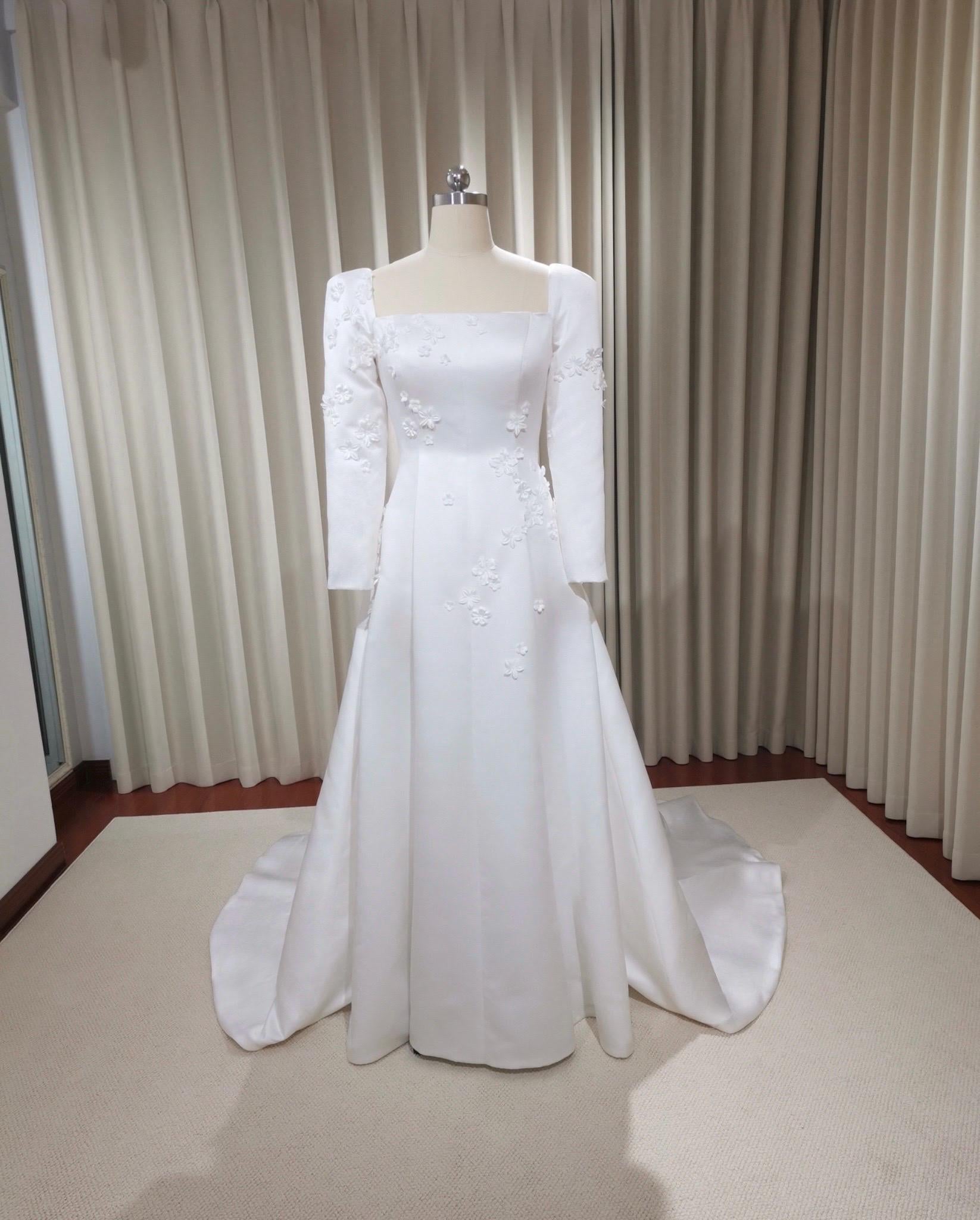Custom Long Sleeve Square Neck Satin Ivory A-line Wedding Bridal Dress Shindig Threads Custom Long Sleeve Square Neck Satin Ivory A-line Wedding Bridal Dress Shindig Threads