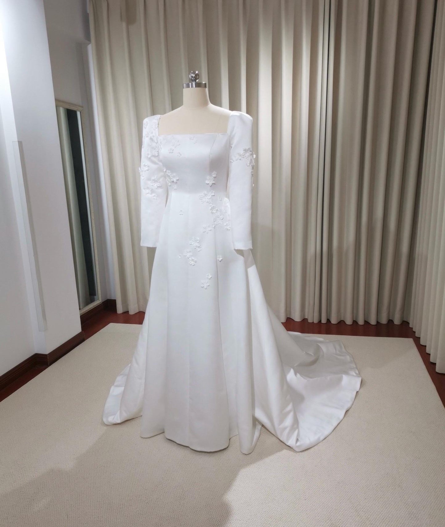 Custom Long Sleeve Satin Ivory A-line Wedding Bridal Dress with handmade Flowers, Elegant Prom Party Gown Fairy Boho Princess Classic