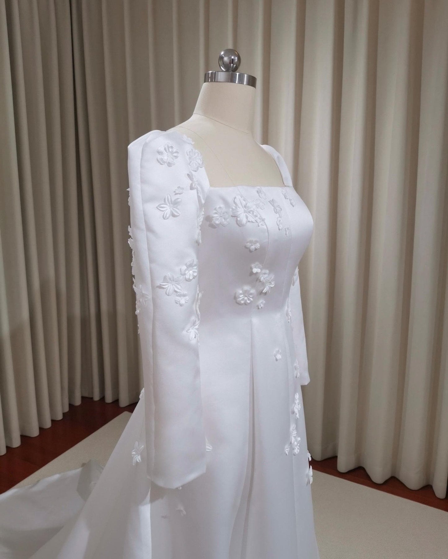 Custom Long Sleeve Satin Ivory A-line Wedding Bridal Dress with handmade Flowers, Elegant Prom Party Gown Fairy Boho Princess Classic