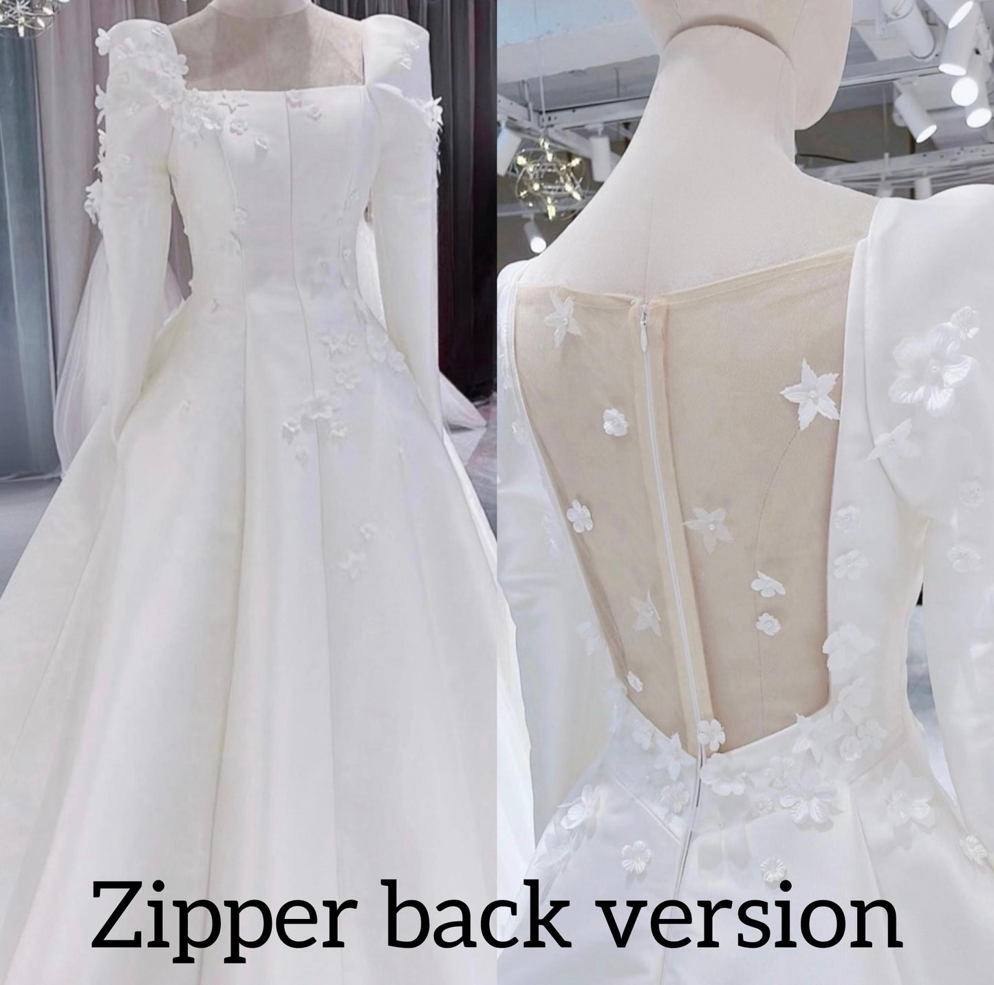 Custom Long Sleeve Satin Ivory A-line Wedding Bridal Dress with handmade Flowers, Elegant Prom Party Gown Fairy Boho Princess Classic