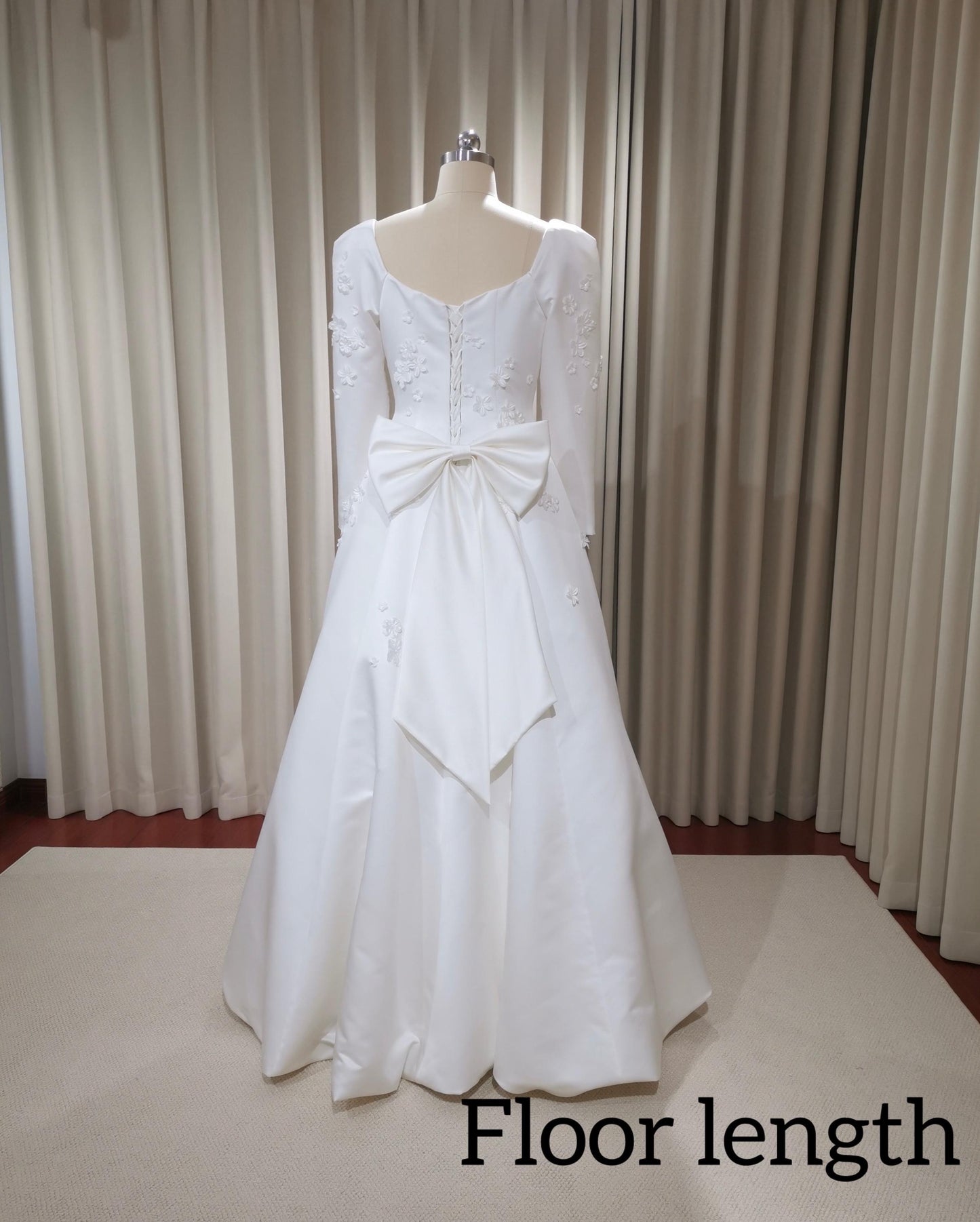Custom Long Sleeve Satin Ivory A-line Wedding Bridal Dress with handmade Flowers, Elegant Prom Party Gown Fairy Boho Princess Classic