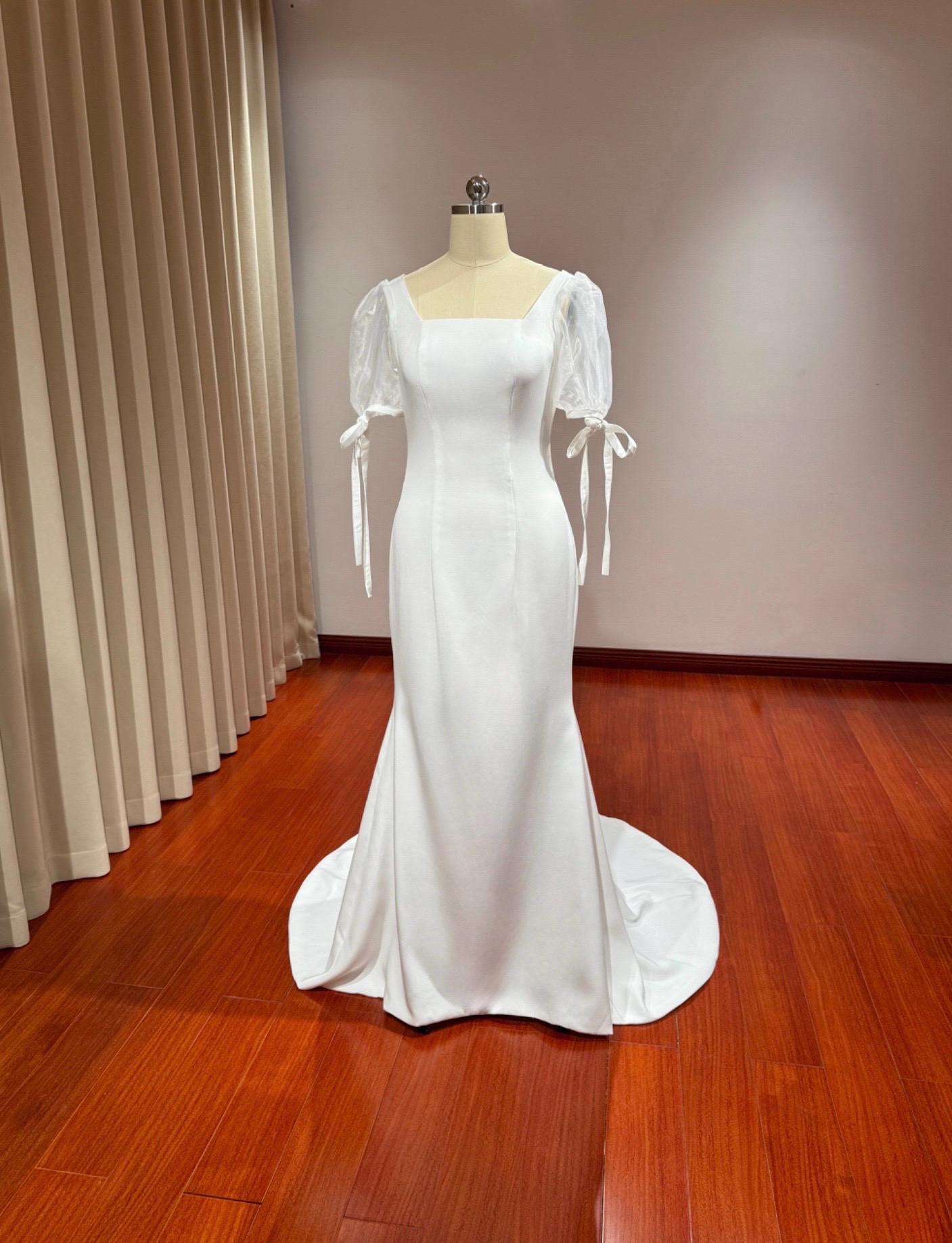 Minimalist Puff Short Sleeve Square Neck Satin Mermaid Wedding Dress, Shindig Threads Minimalist Puff Short Sleeve Square Neck Satin Mermaid Wedding Dress, Shindig Threads