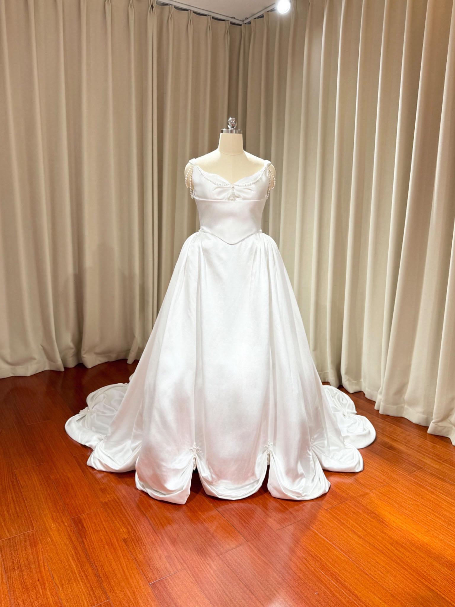 satin and pearl wedding dress Satin Wedding Dress with Off Shoulder Long Sleeves Sweetheart Neckline Bridal Gown with High Slit and Pearl Floret Details Plus Size Size 12