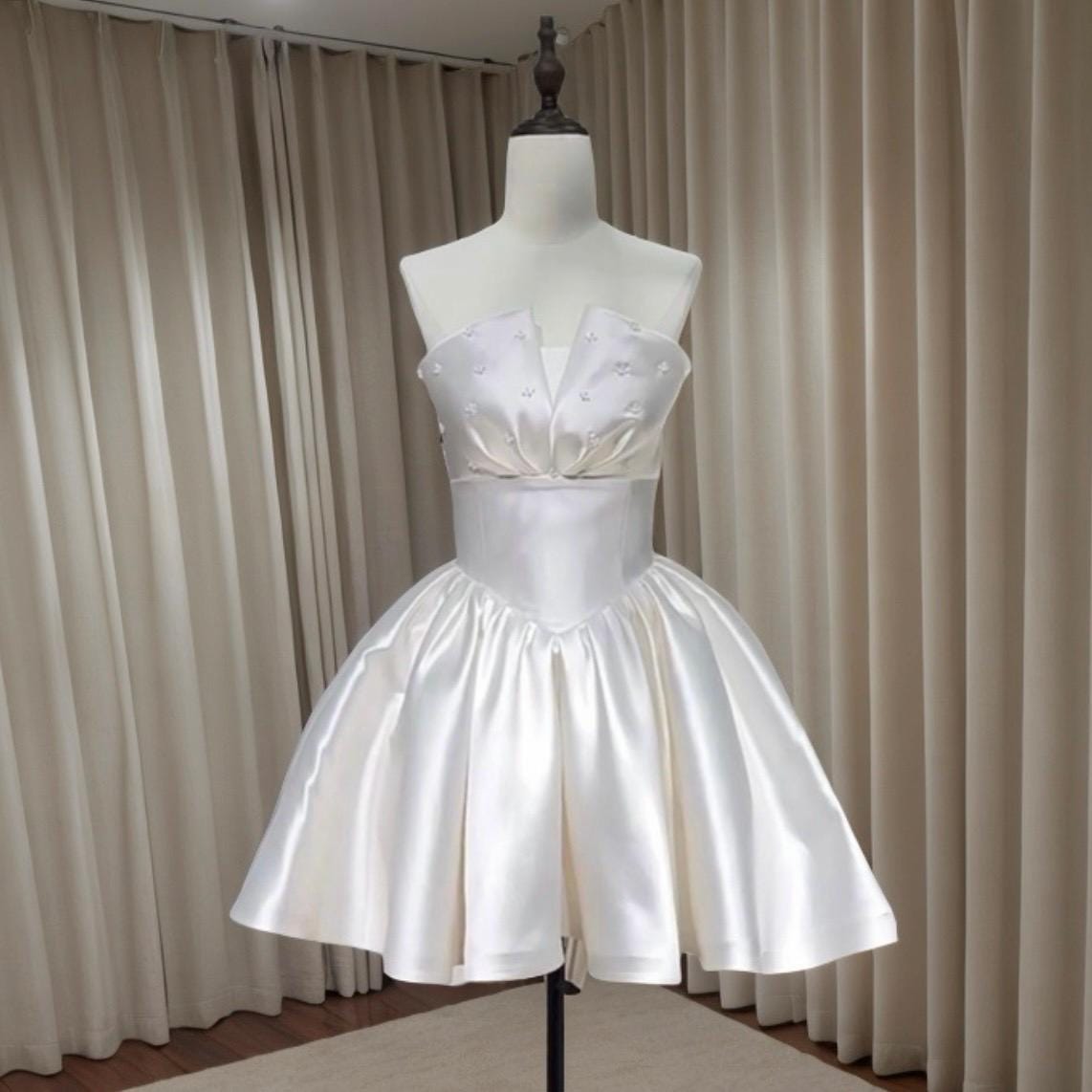 Minimalist satin short wedding dress with beaded pearls, Custom Courthouse Civil Elopement Reception Dress, Bridal shower Engagement dress