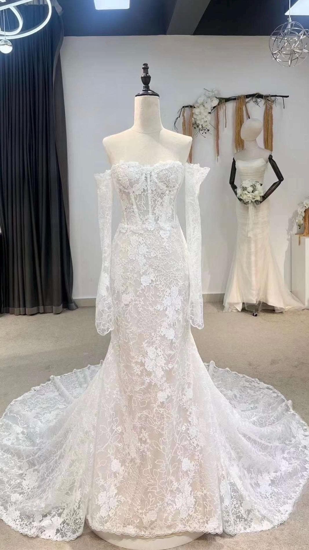 Fairy Off the Shoulder Long Sleeve Lace Corset Mermaid Wedding Dress, Unique Custom Reception Elopement Dress for Courthouse Civil Wedding