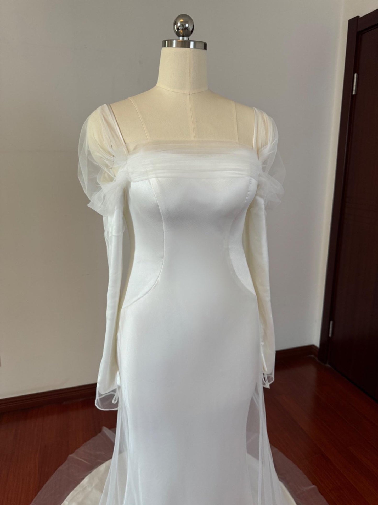 Minimalist Long Sleeve Satin Mermaid Wedding Prom Dress, Custom Simple Courthouse Civil Reception Dress, Casual Elopement Rehearsal Dress