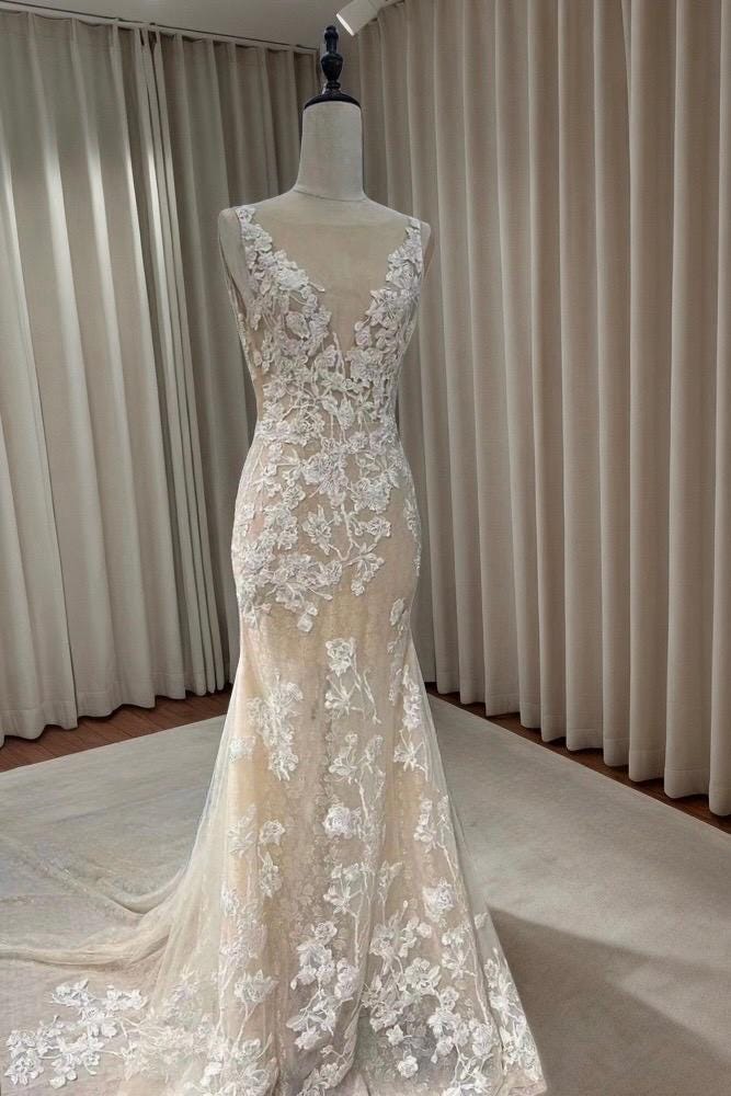 Deep V Lace Mermaid Wedding Bridal Dress, Sexy Luxury Prom Gown, Courthouse Civil Wedding Reception Elopement Dress, Fairy Boho Romantic