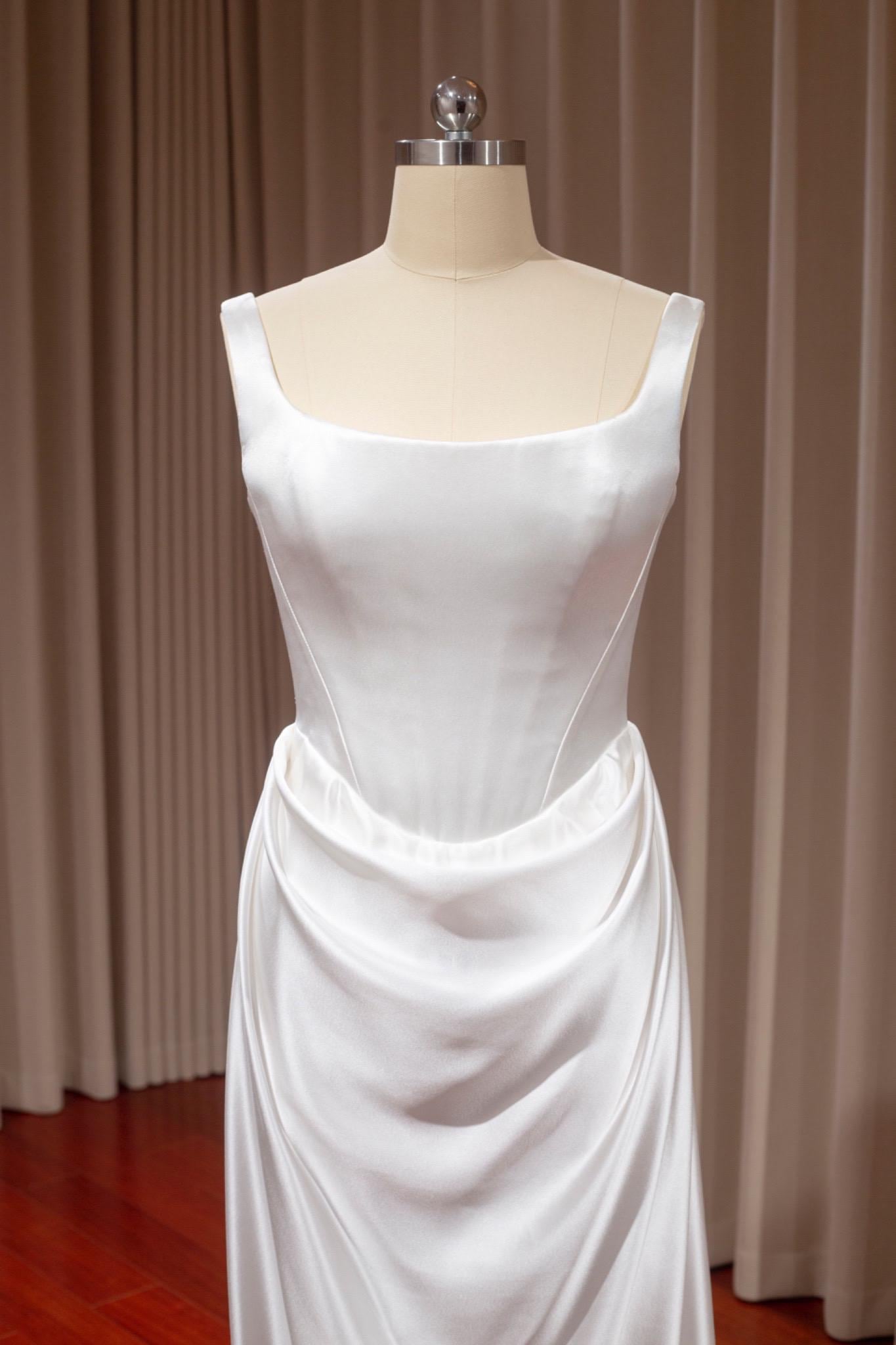 Minimalist Satin Corset Wedding Bridal Dress, Custom Simple Modest Reception Elopement Dress for Bride, Unique Courthouse Wedding Gown