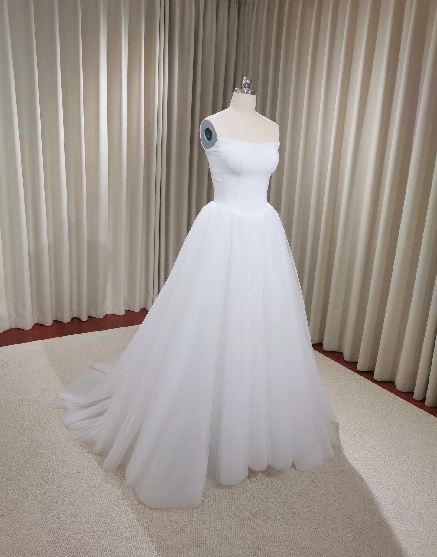 Minimalist Satin Tulle Simple Wedding Dress, Custom Fairy Unique Courthouse Civil Reception Gown, Casual Elopement Rehearsal Dinner Dress