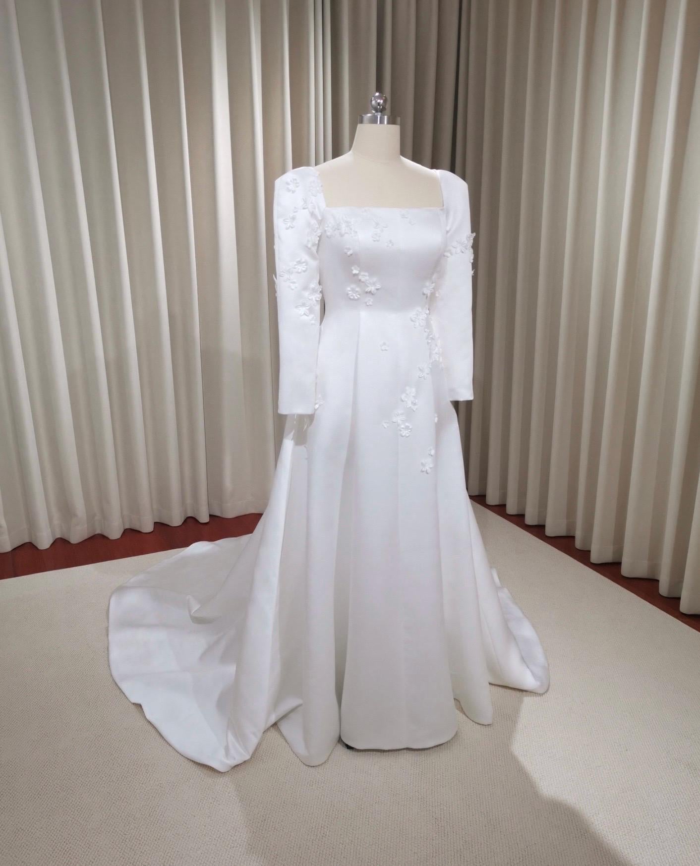 Custom Long Sleeve Satin Ivory A-line Wedding Bridal Dress with handmade Flowers, Elegant Prom Party Gown Fairy Boho Princess Classic